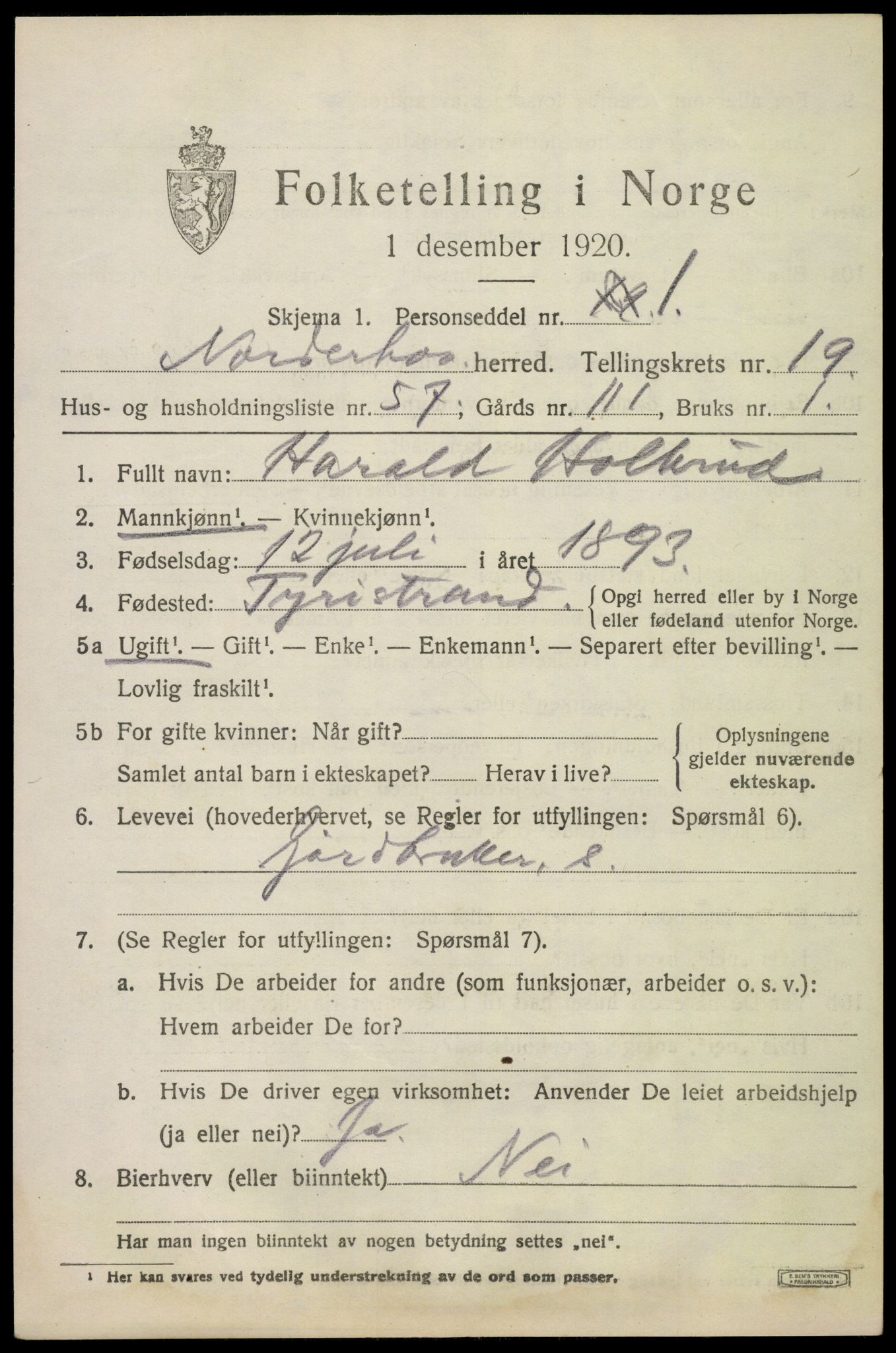 SAKO, 1920 census for Norderhov, 1920, p. 20966