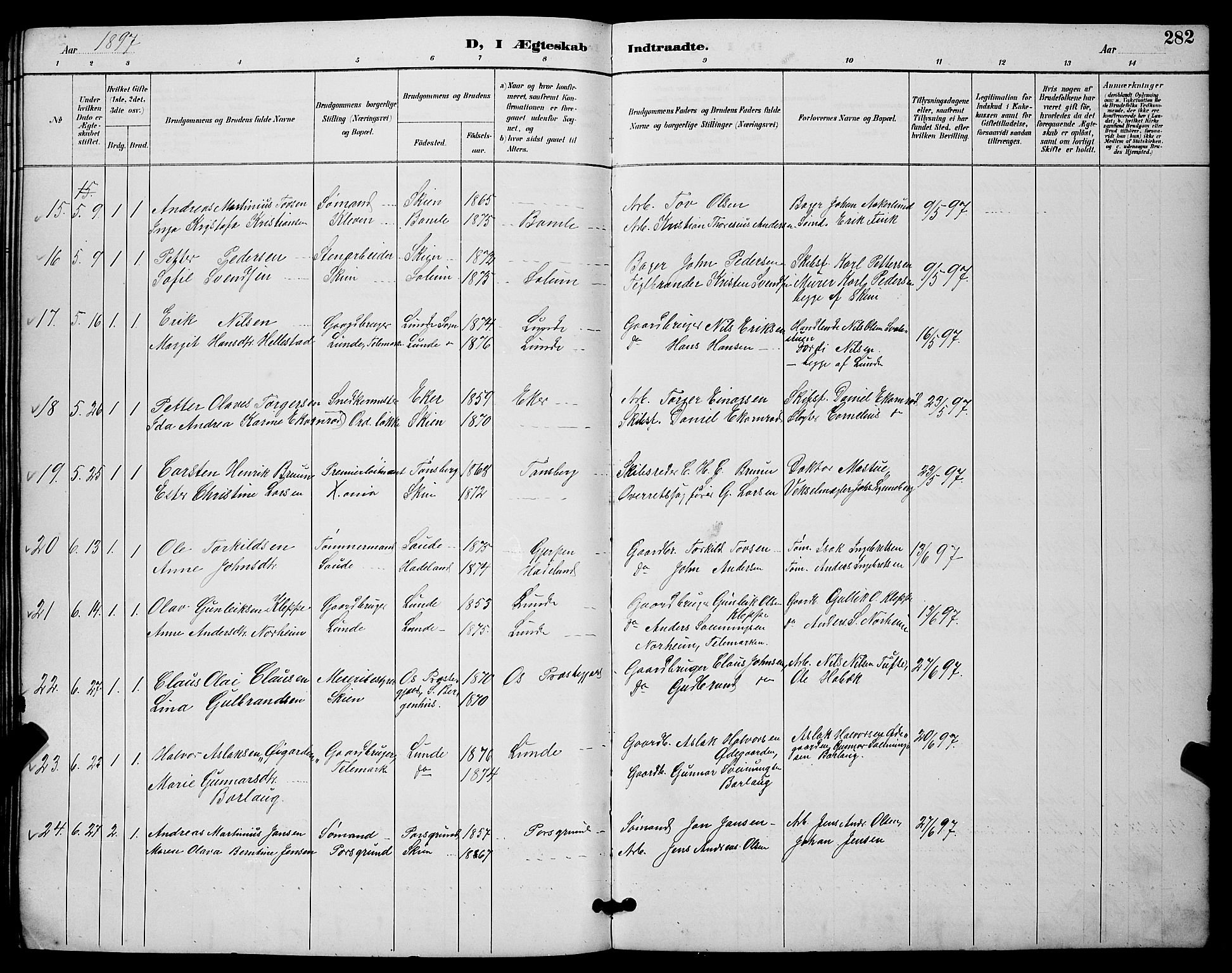 Skien kirkebøker, SAKO/A-302/G/Ga/L0007: Parish register (copy) no. 7, 1891-1900, p. 282