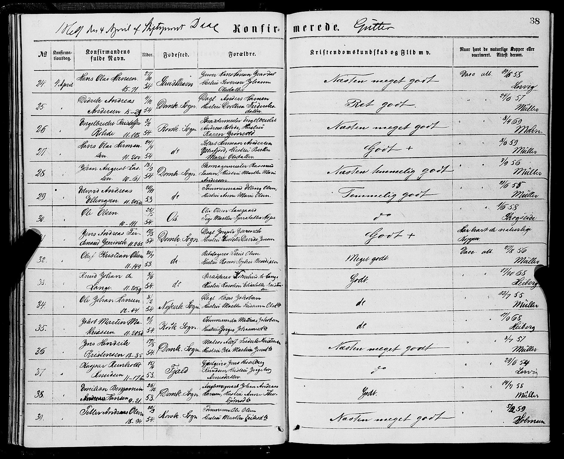 Domkirken sokneprestembete, SAB/A-74801/H/Haa/L0029: Parish register (official) no. C 4, 1864-1879, p. 38