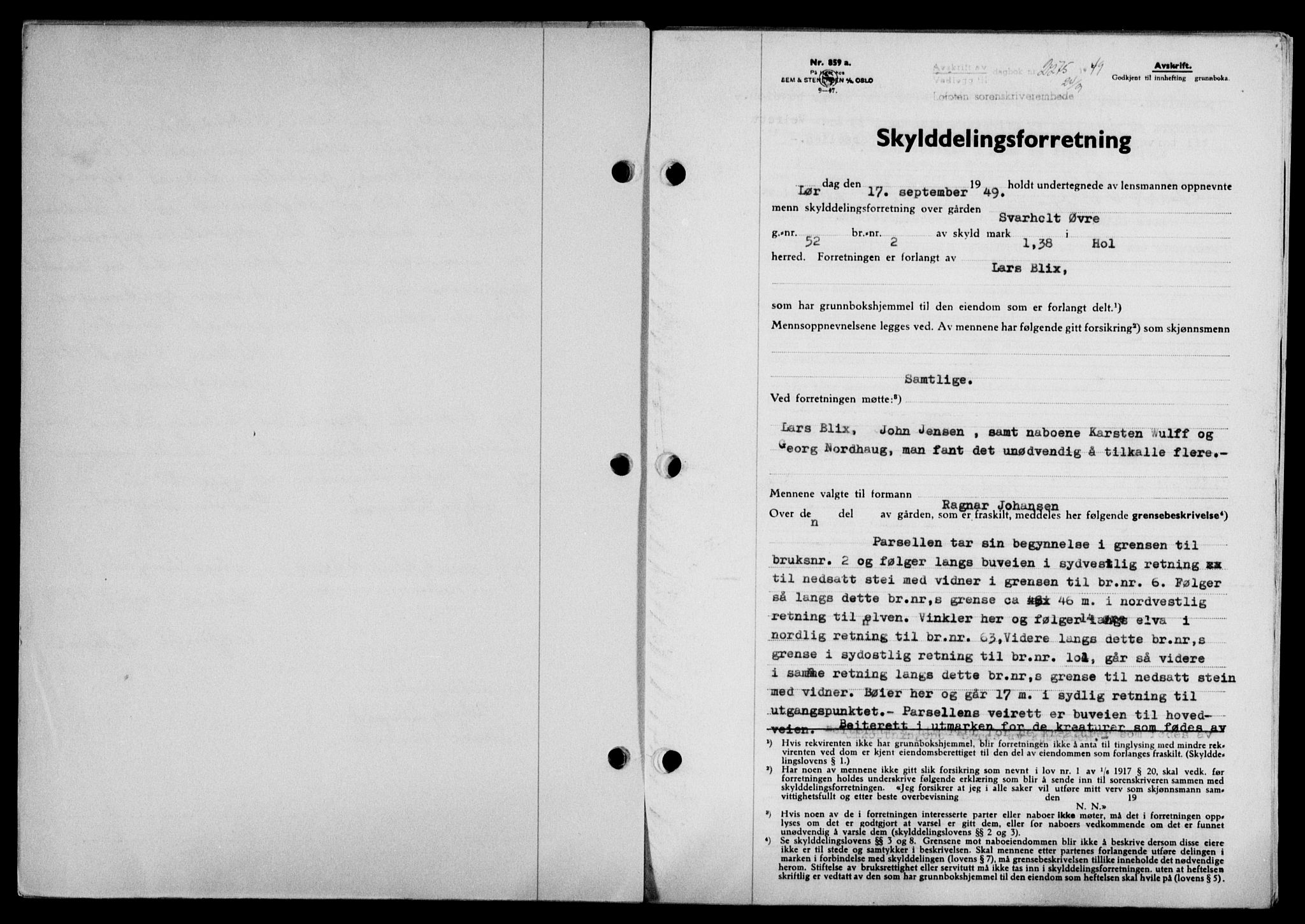 Lofoten sorenskriveri, SAT/A-0017/1/2/2C/L0021a: Mortgage book no. 21a, 1949-1949, Diary no: : 2275/1949