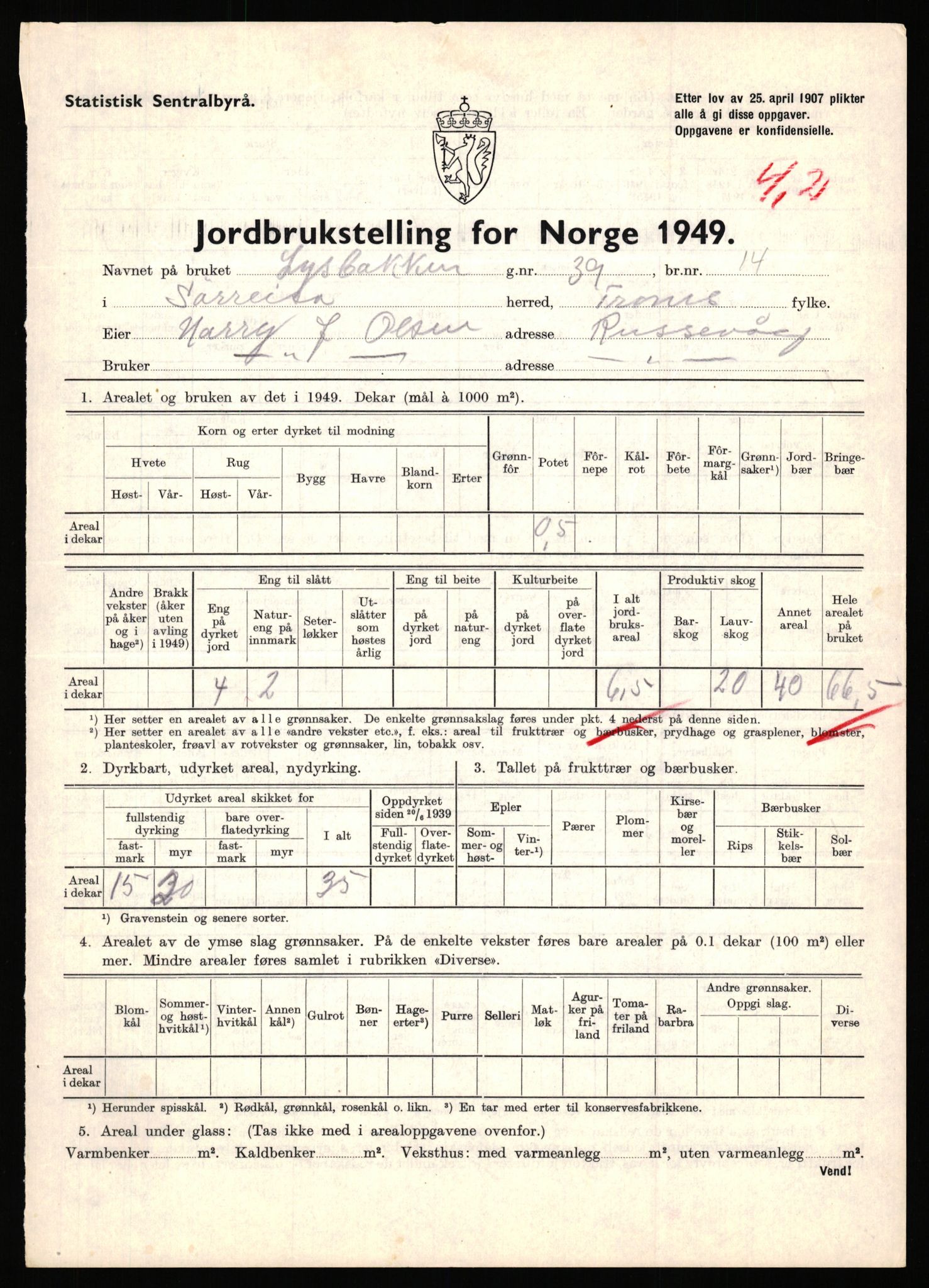 Statistisk sentralbyrå, Næringsøkonomiske emner, Jordbruk, skogbruk, jakt, fiske og fangst, AV/RA-S-2234/G/Gc/L0440: Troms: Sørreisa og Dyrøy, 1949, p. 108