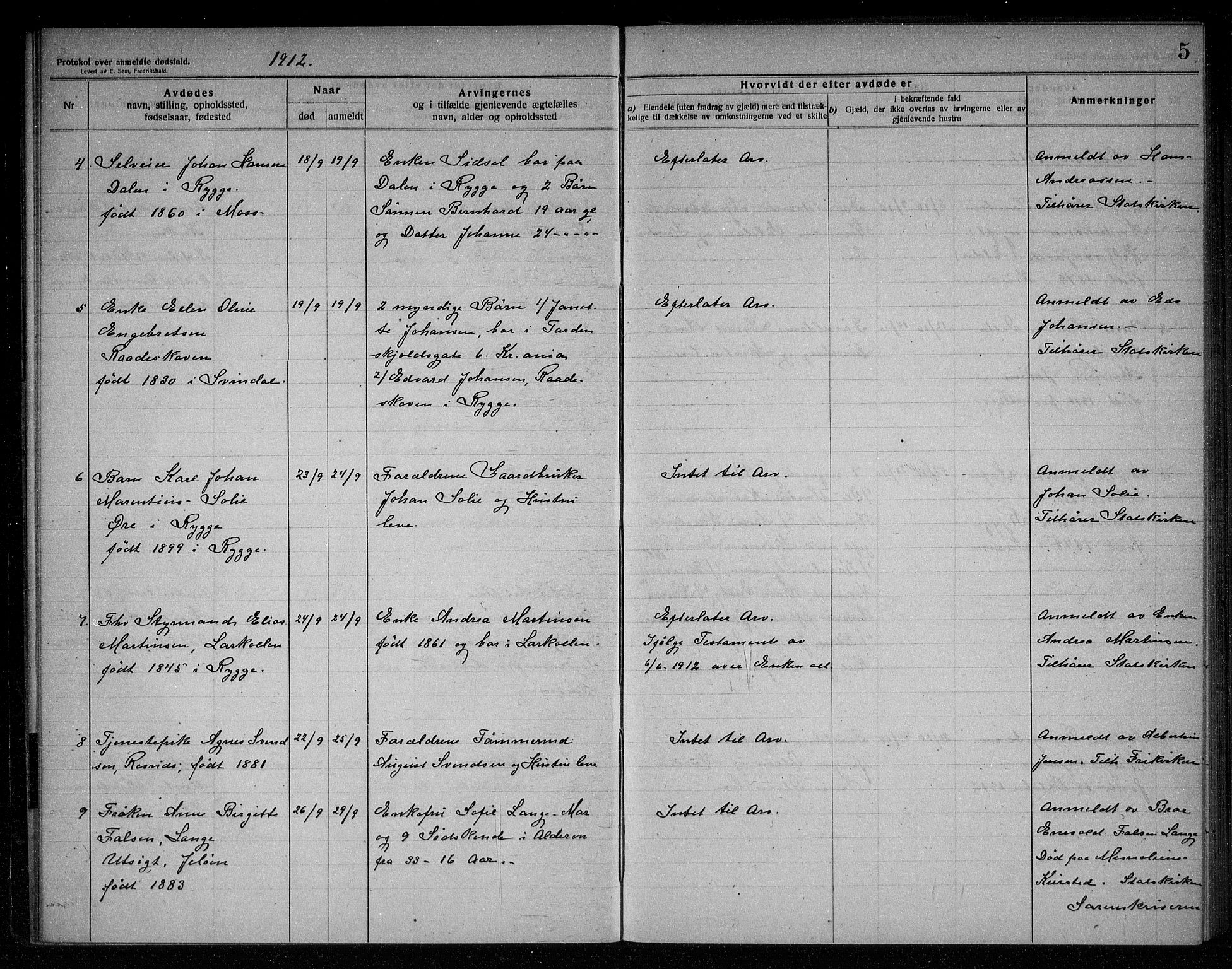 Rygge lensmannskontor, AV/SAO-A-10005/H/Ha/Haa/L0005: Dødsfallsprotokoll, 1912-1916, p. 5