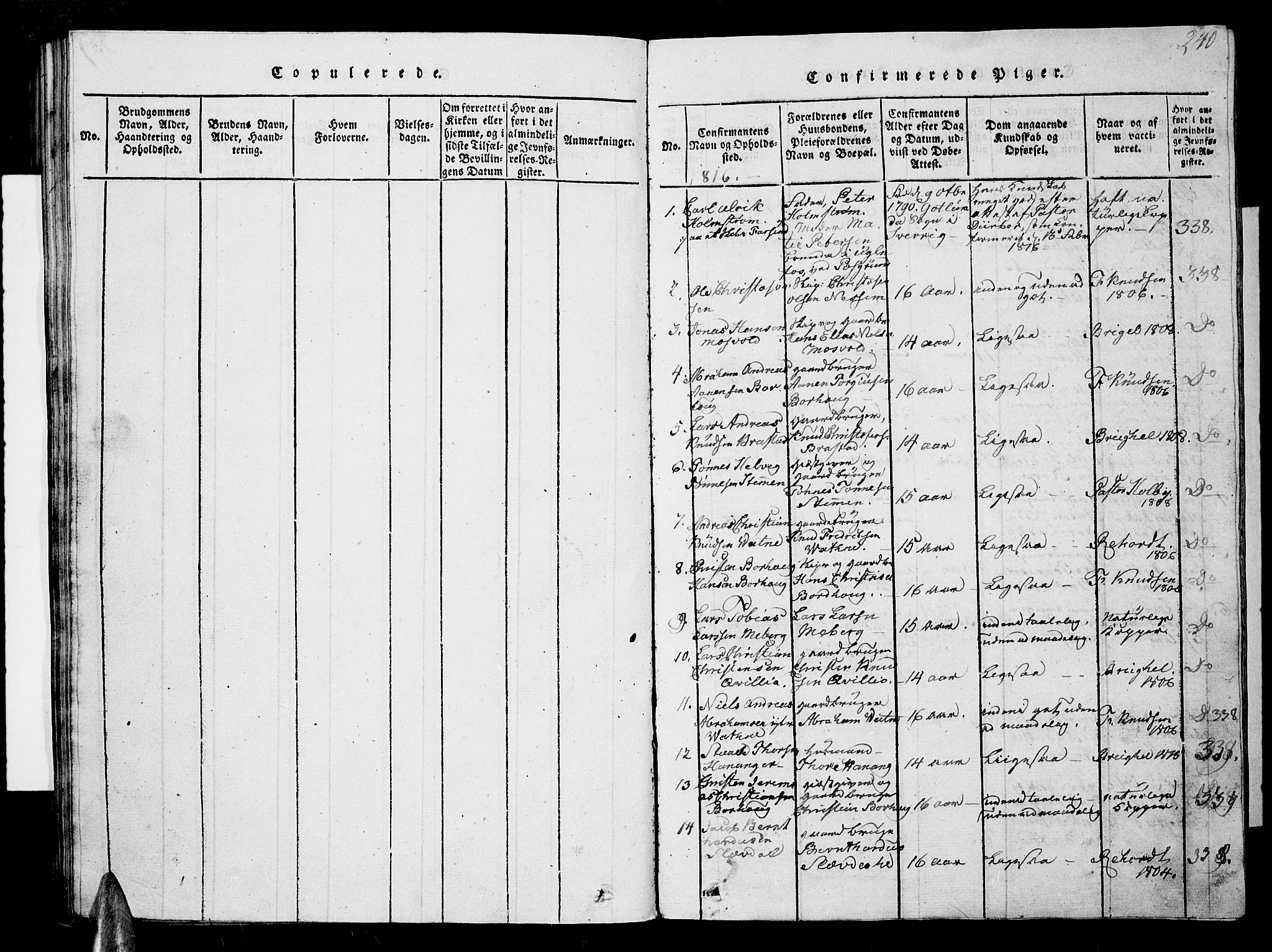 Lista sokneprestkontor, AV/SAK-1111-0027/F/Fb/L0001: Parish register (copy) no. B 1, 1816-1832, p. 240