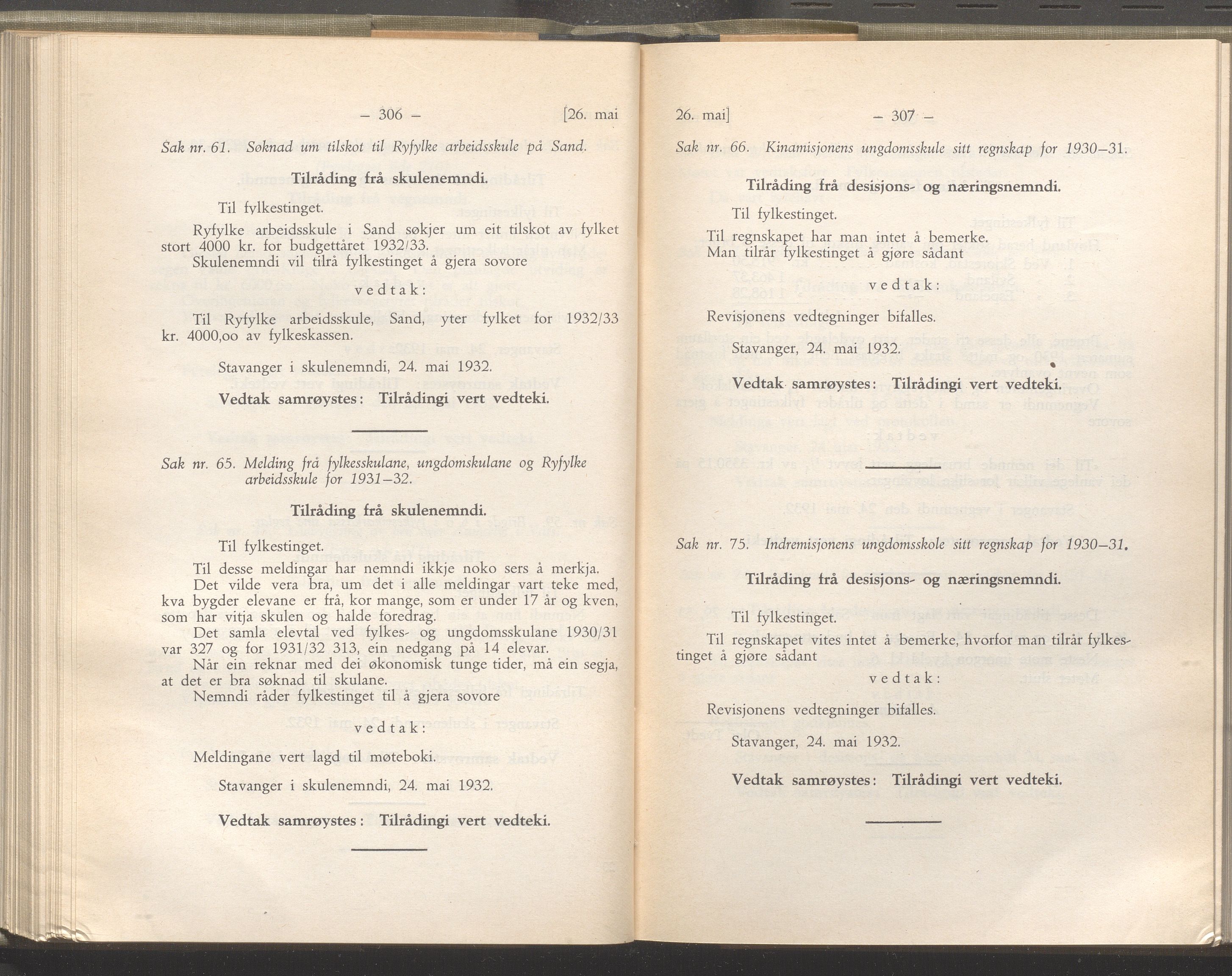 Rogaland fylkeskommune - Fylkesrådmannen , IKAR/A-900/A/Aa/Aaa/L0051: Møtebok , 1932, p. 306-307