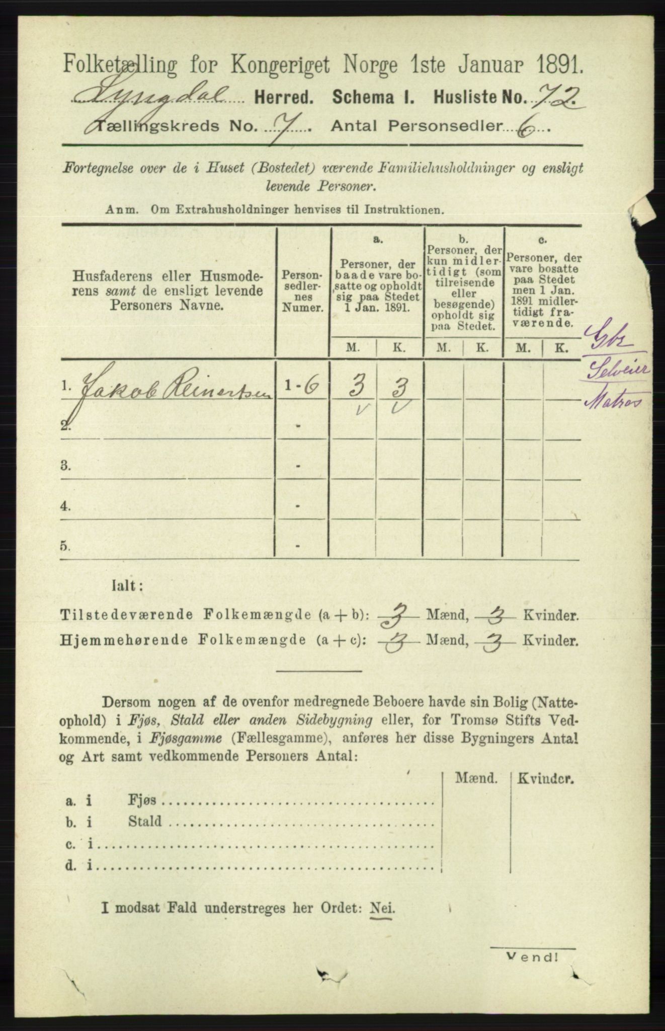 RA, 1891 census for 1032 Lyngdal, 1891, p. 2929