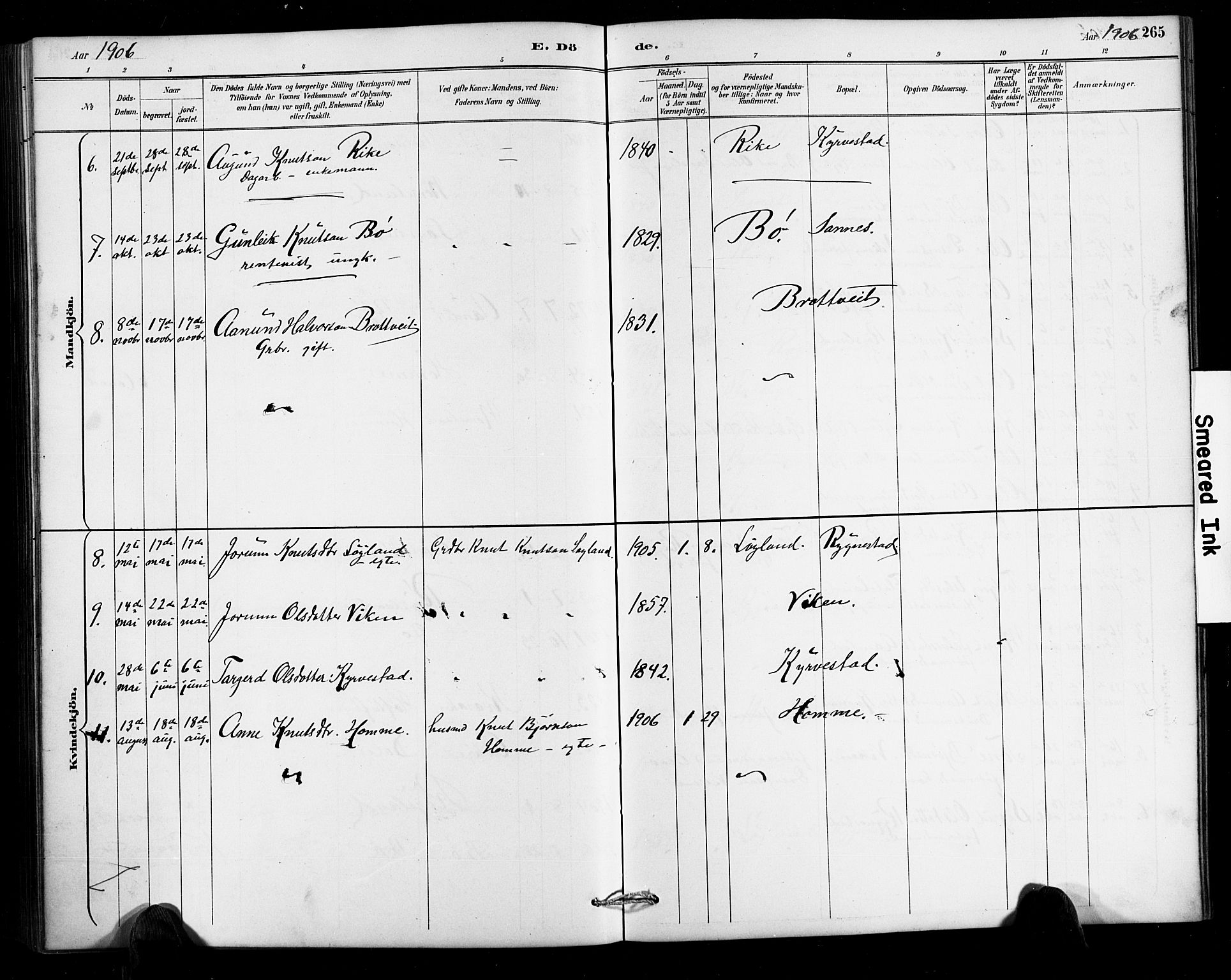 Valle sokneprestkontor, AV/SAK-1111-0044/F/Fb/Fbc/L0004: Parish register (copy) no. B 4, 1890-1928, p. 265