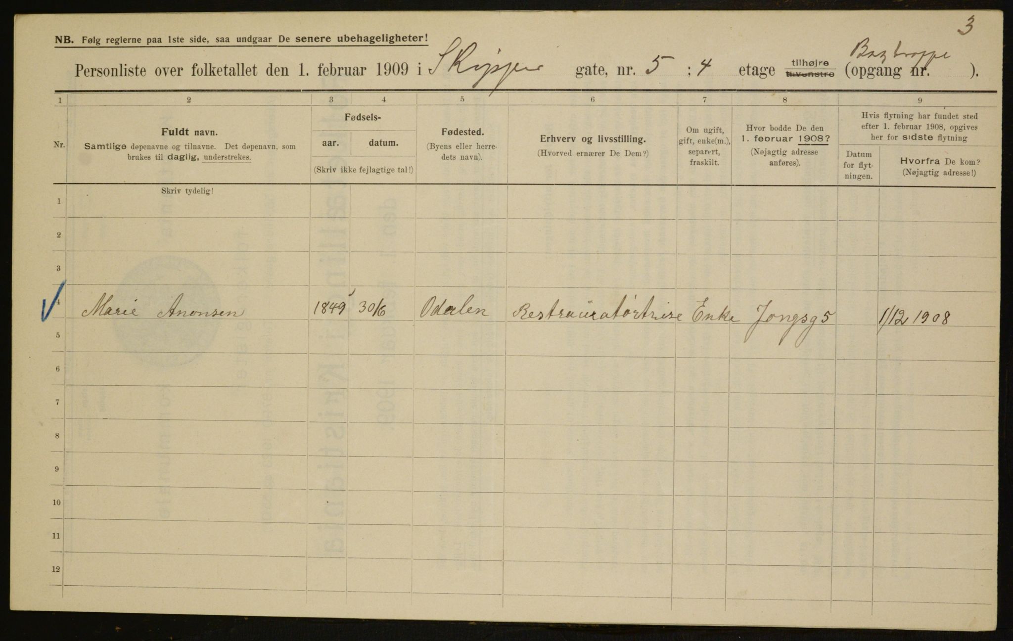 OBA, Municipal Census 1909 for Kristiania, 1909, p. 86529