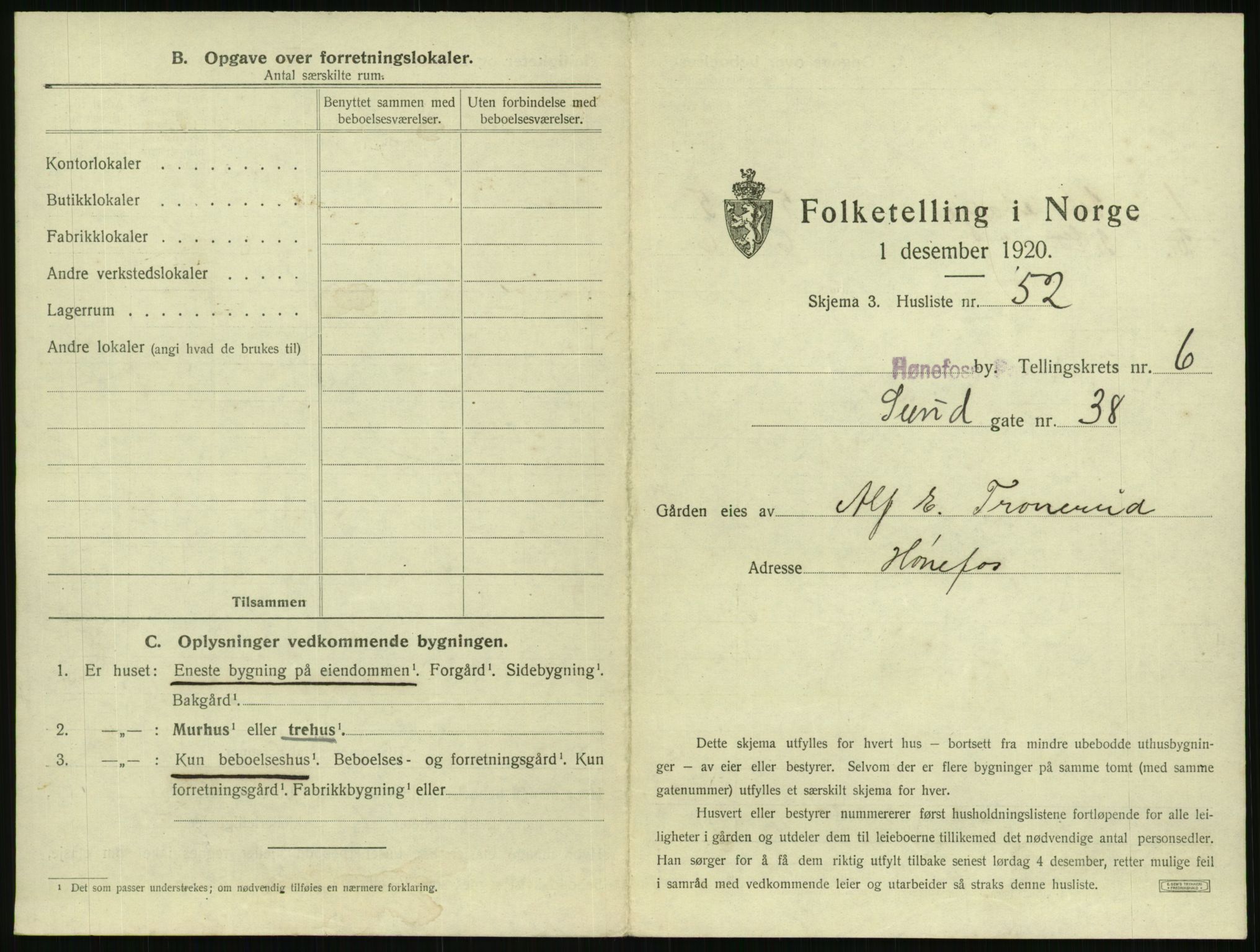 SAKO, 1920 census for Hønefoss, 1920, p. 672