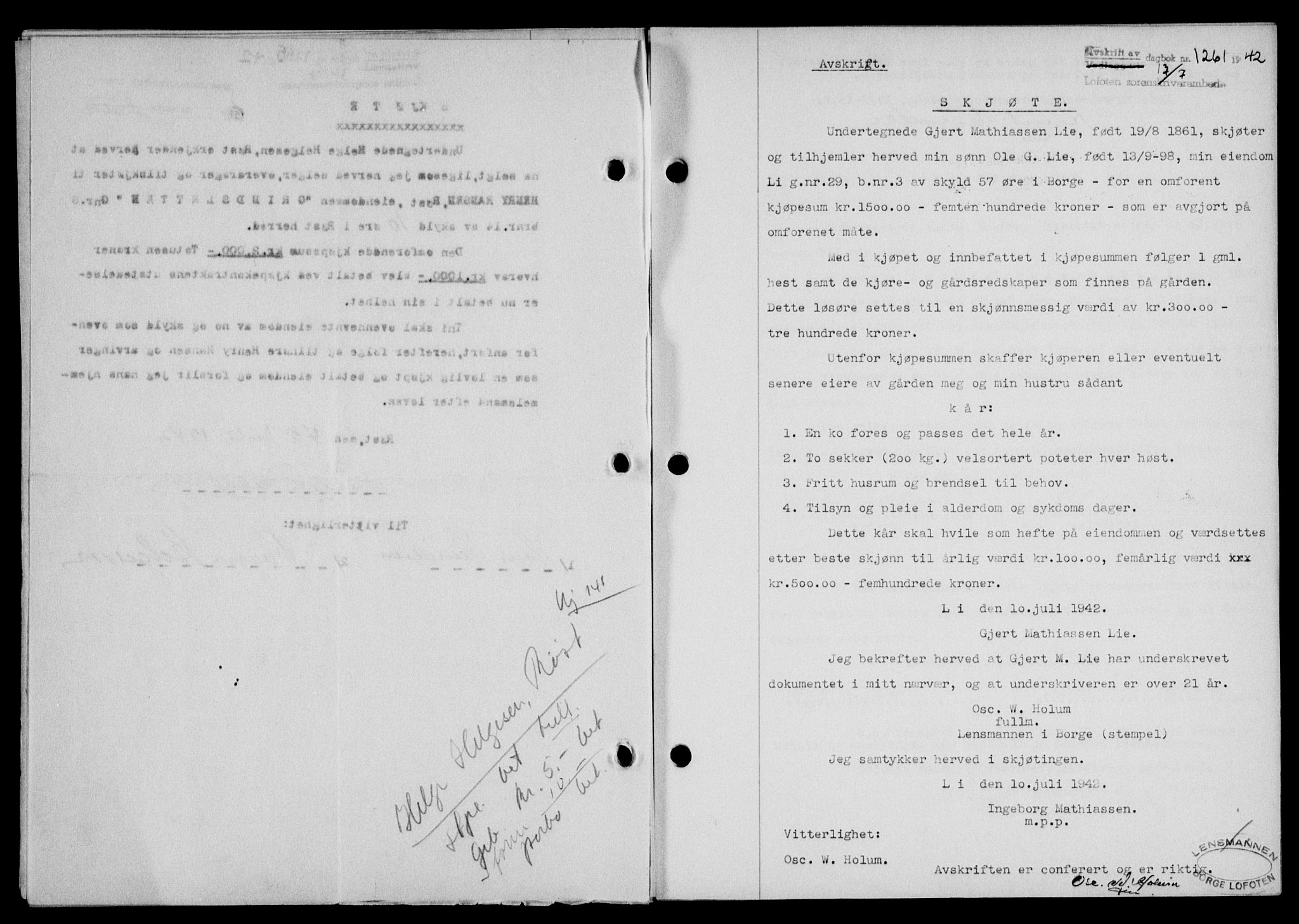 Lofoten sorenskriveri, SAT/A-0017/1/2/2C/L0010a: Mortgage book no. 10a, 1942-1943, Diary no: : 1261/1942