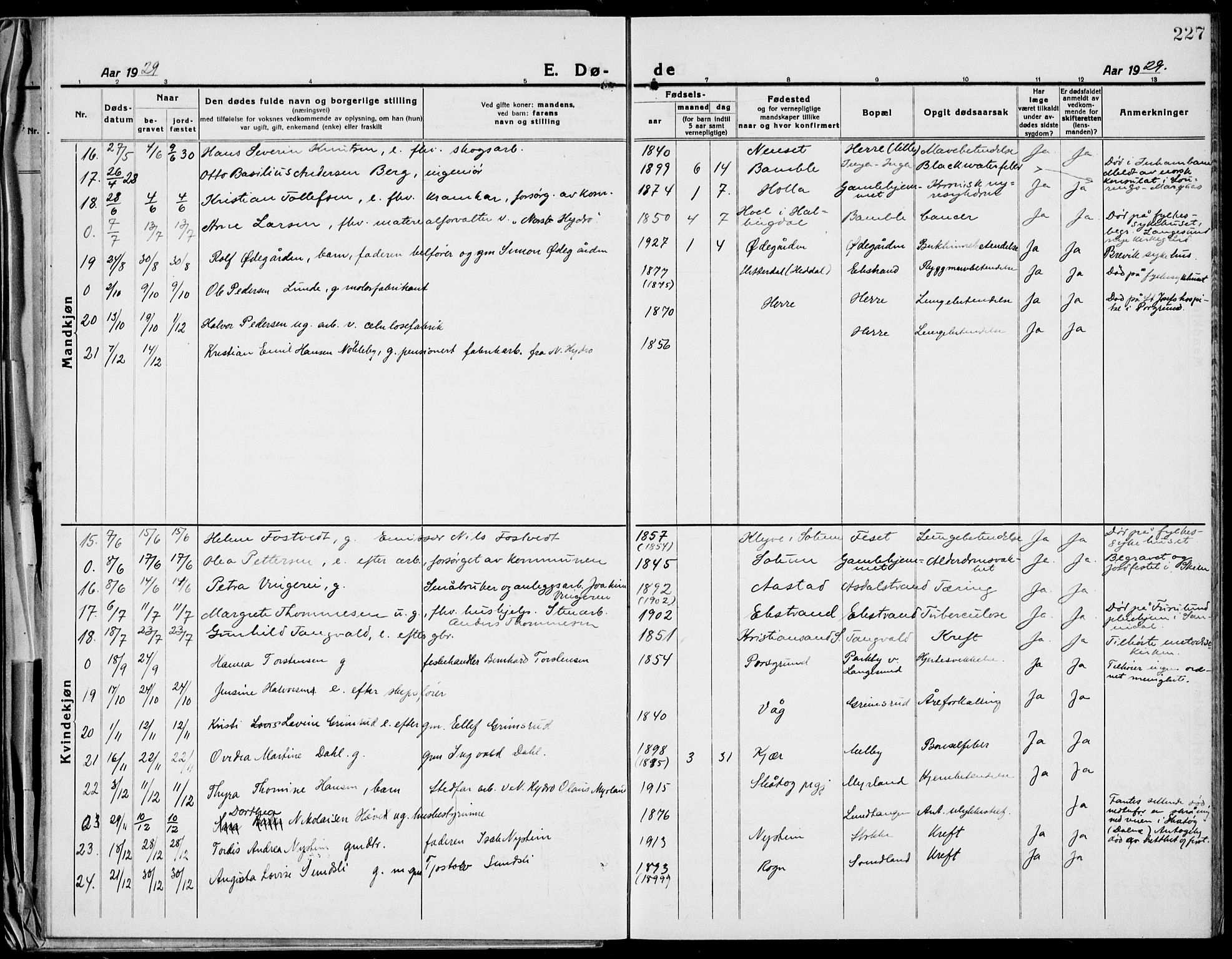 Bamble kirkebøker, AV/SAKO-A-253/G/Ga/L0011: Parish register (copy) no. I 11, 1920-1935, p. 227