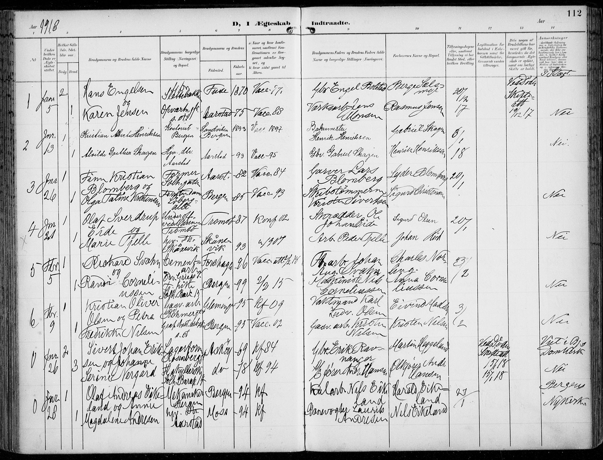 Årstad Sokneprestembete, AV/SAB-A-79301/H/Haa/L0009: Parish register (official) no. C 1, 1902-1918, p. 112