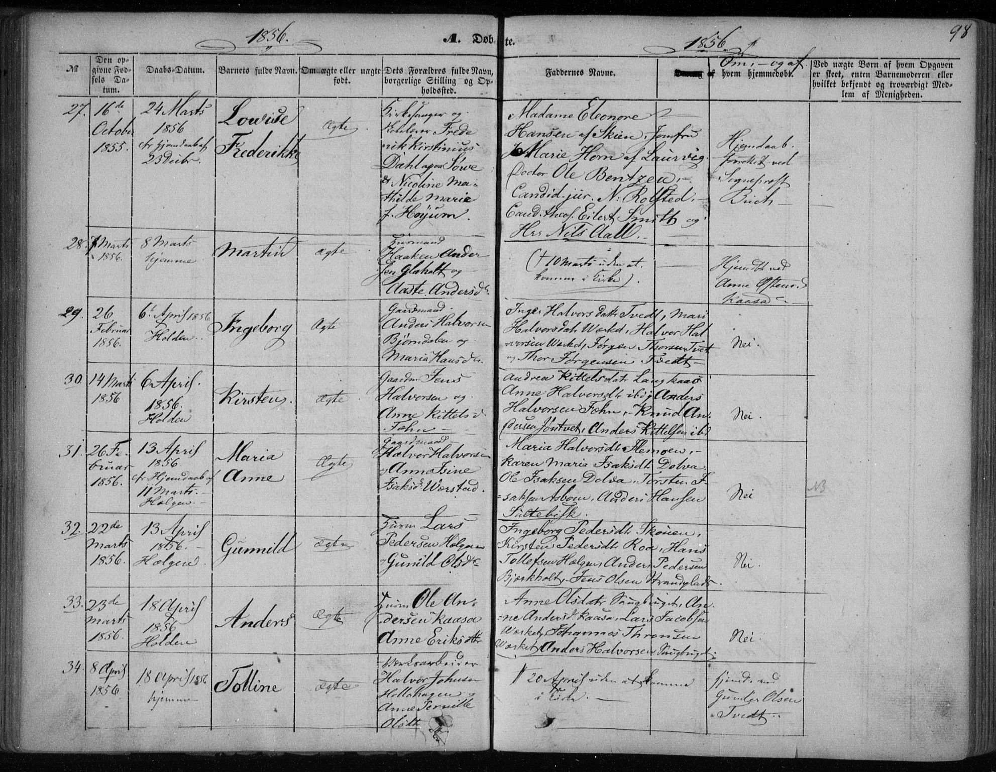 Holla kirkebøker, AV/SAKO-A-272/F/Fa/L0005: Parish register (official) no. 5, 1849-1860, p. 98