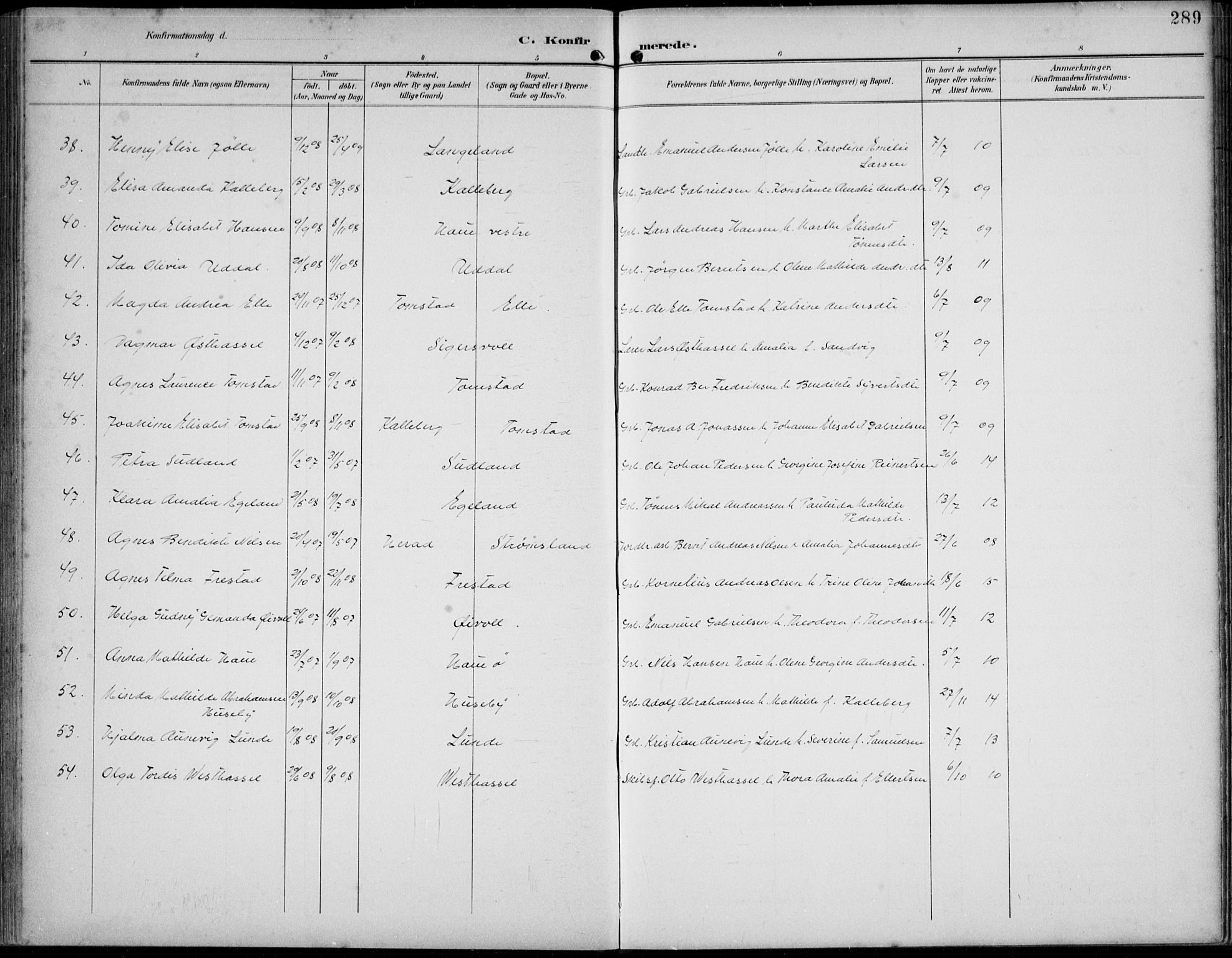 Lista sokneprestkontor, SAK/1111-0027/F/Fb/L0005: Parish register (copy) no. B 5, 1892-1923, p. 289