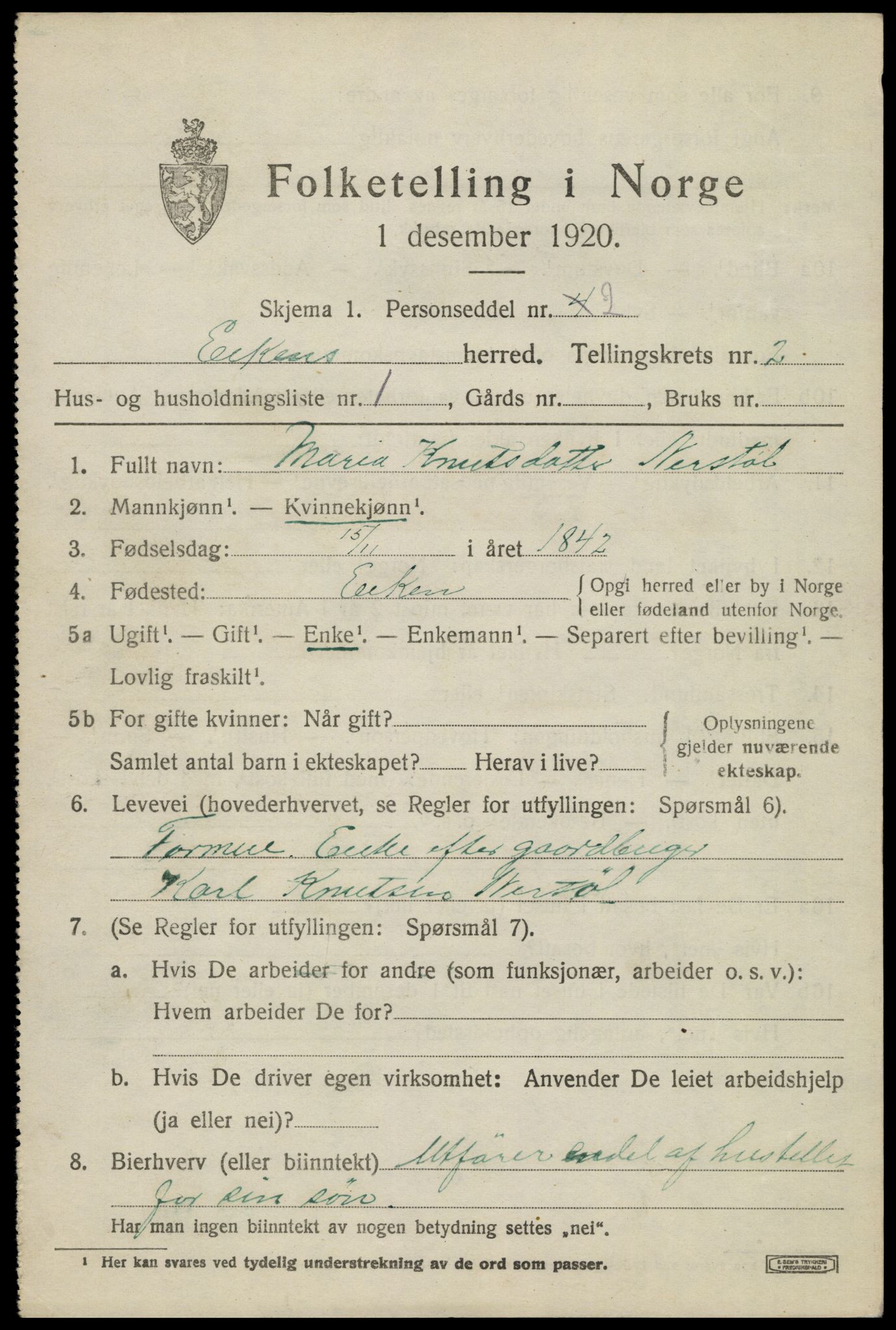 SAK, 1920 census for Eiken, 1920, p. 765