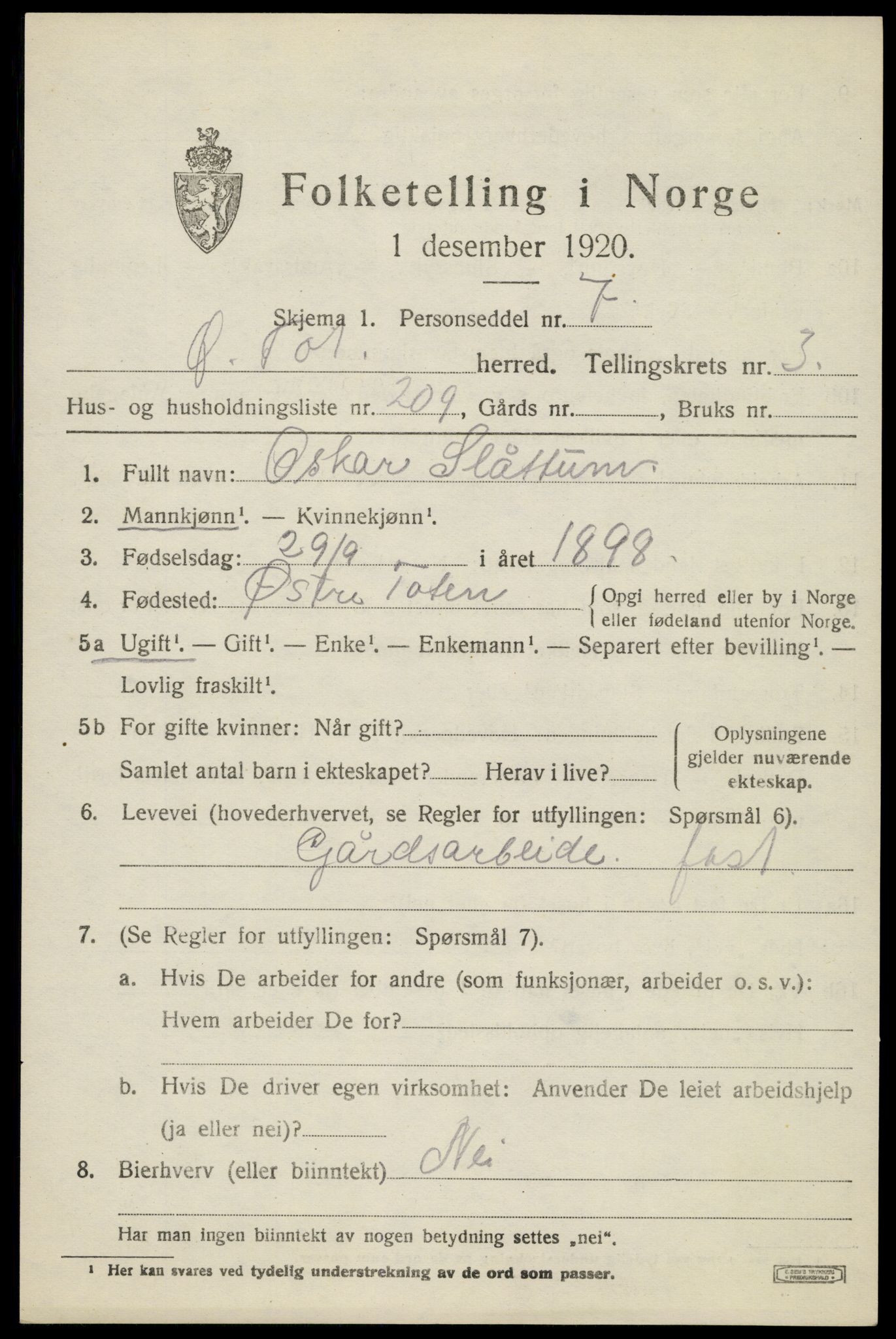 SAH, 1920 census for Østre Toten, 1920, p. 8310