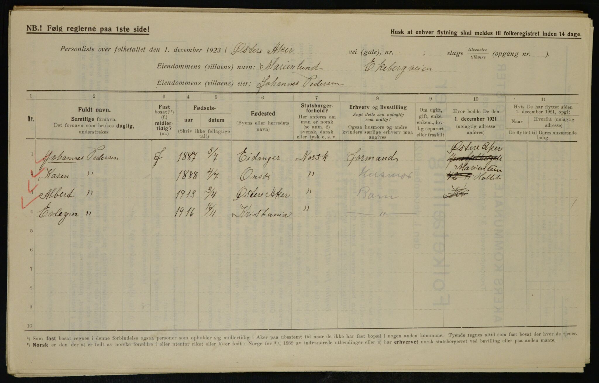 , Municipal Census 1923 for Aker, 1923, p. 37849