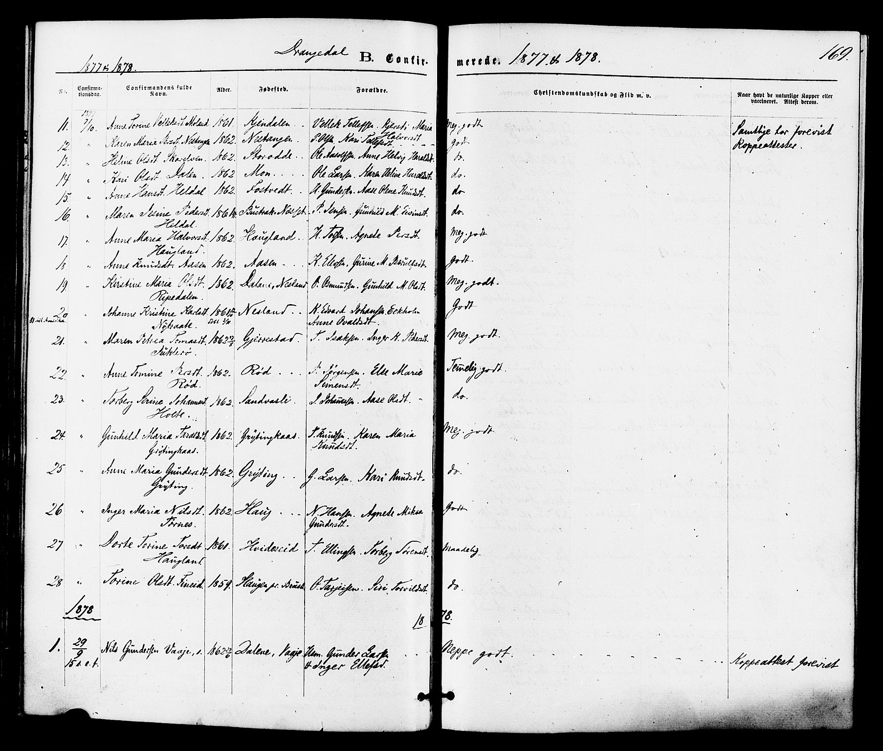 Drangedal kirkebøker, SAKO/A-258/F/Fa/L0009: Parish register (official) no. 9 /1, 1872-1884, p. 169