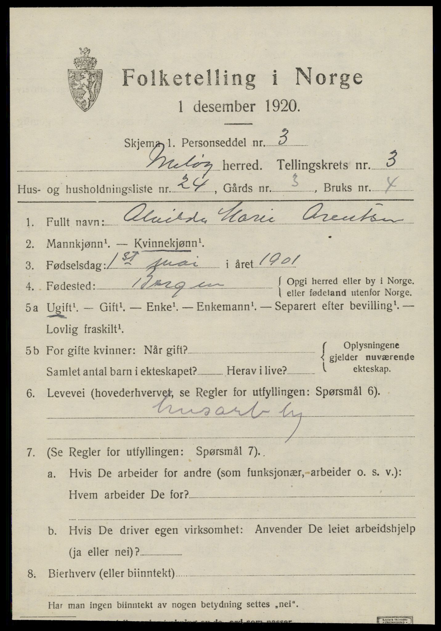 SAT, 1920 census for Meløy, 1920, p. 2769