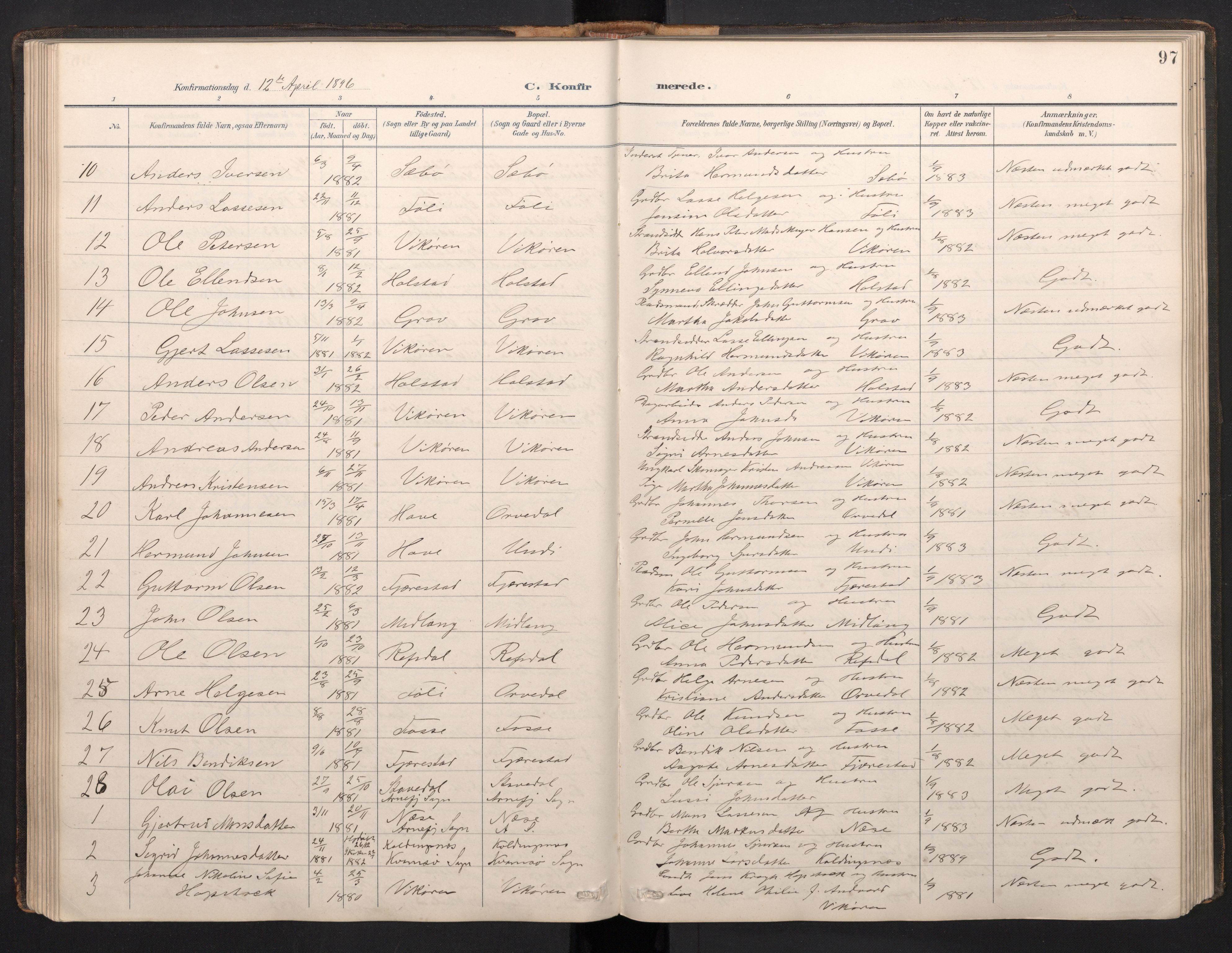 Vik sokneprestembete, SAB/A-81501: Parish register (copy) no. A 4, 1895-1914, p. 96b-97a