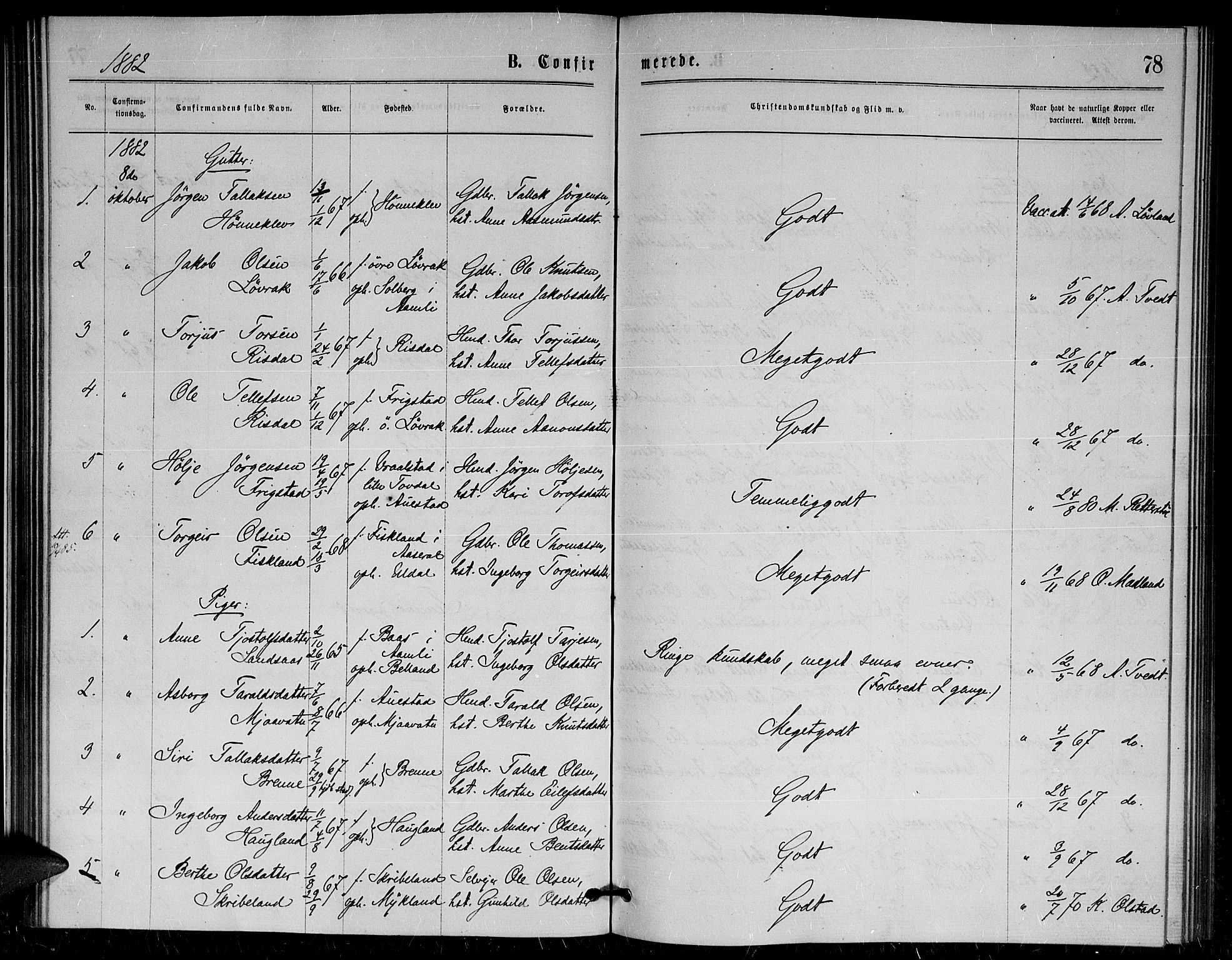 Herefoss sokneprestkontor, AV/SAK-1111-0019/F/Fa/Fac/L0001: Parish register (official) no. A 1, 1871-1886, p. 78