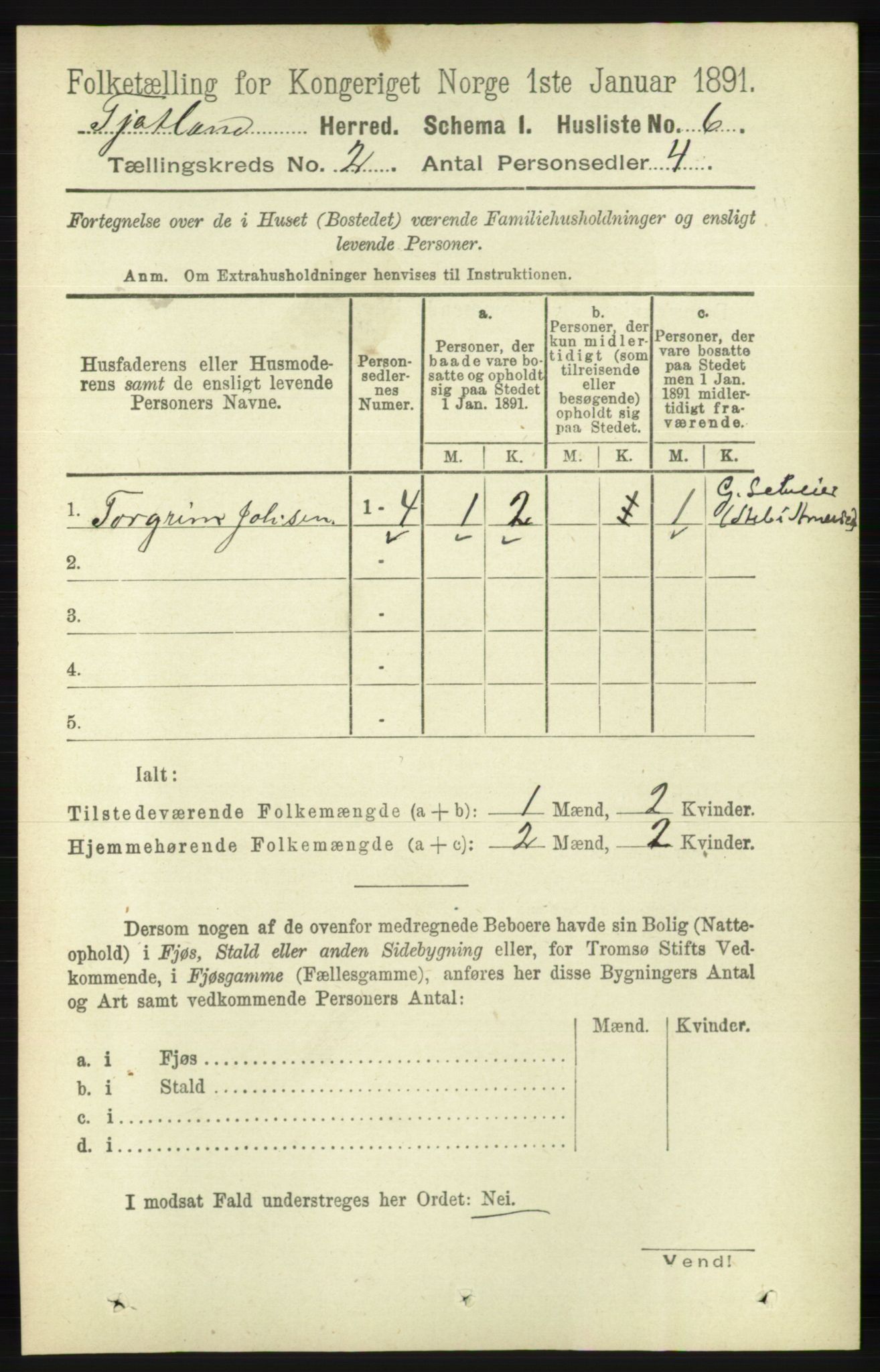 RA, 1891 census for 1036 Fjotland, 1891, p. 216