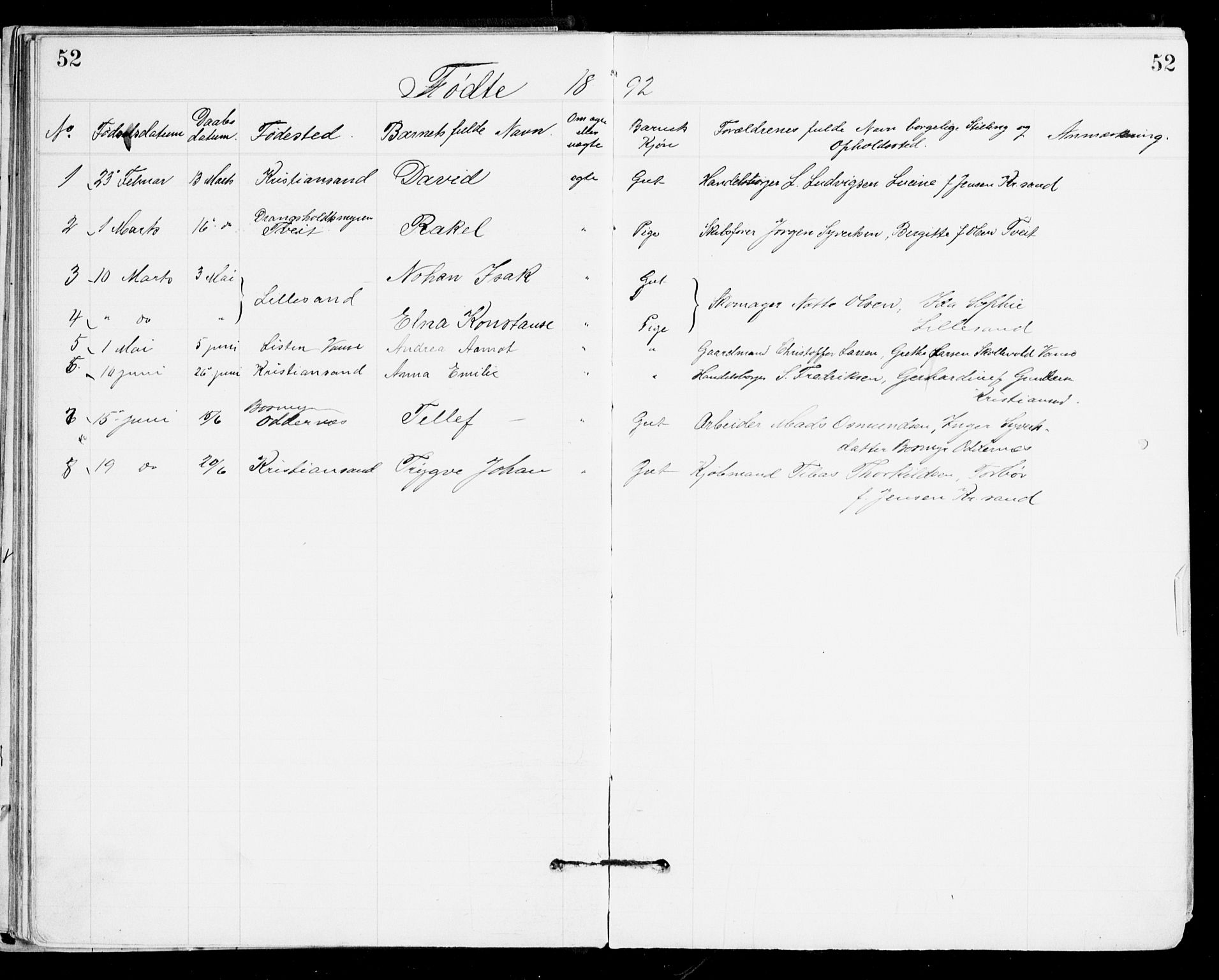 Den evangelisk-lutherske frikirke, Kristiansand, SAK/1292-0017/F/Fa/L0002: Dissenter register no. F 10, 1889-1892, p. 52