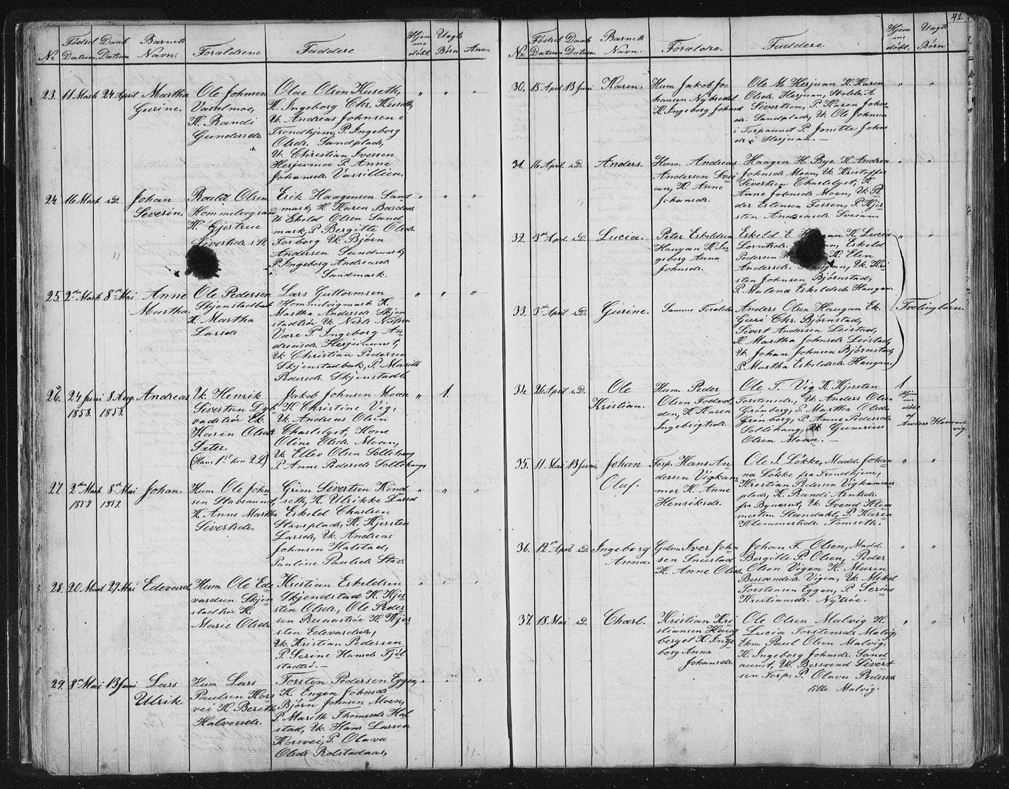Ministerialprotokoller, klokkerbøker og fødselsregistre - Sør-Trøndelag, AV/SAT-A-1456/616/L0406: Parish register (official) no. 616A03, 1843-1879, p. 42