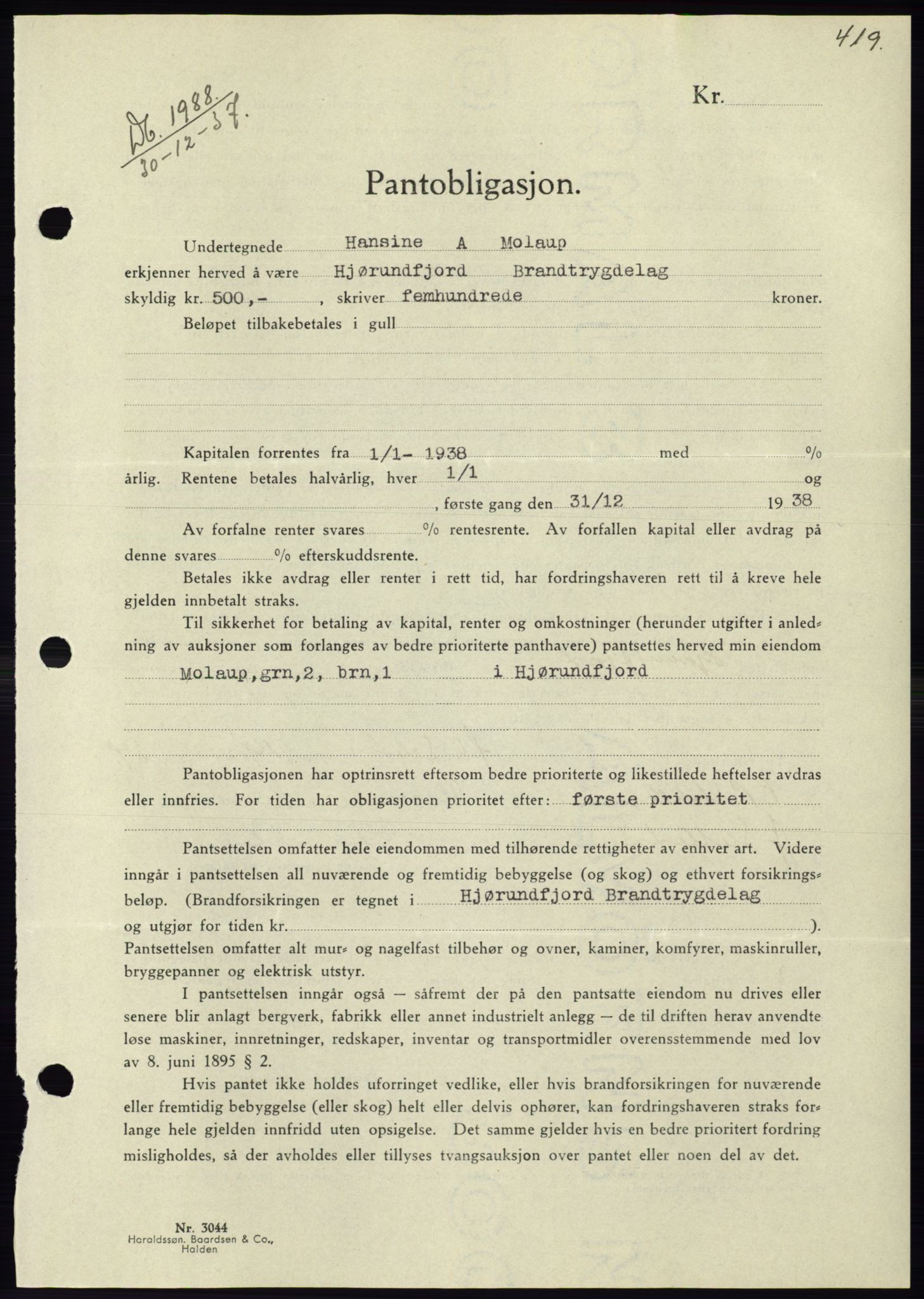 Søre Sunnmøre sorenskriveri, AV/SAT-A-4122/1/2/2C/L0064: Mortgage book no. 58, 1937-1938, Diary no: : 1988/1937