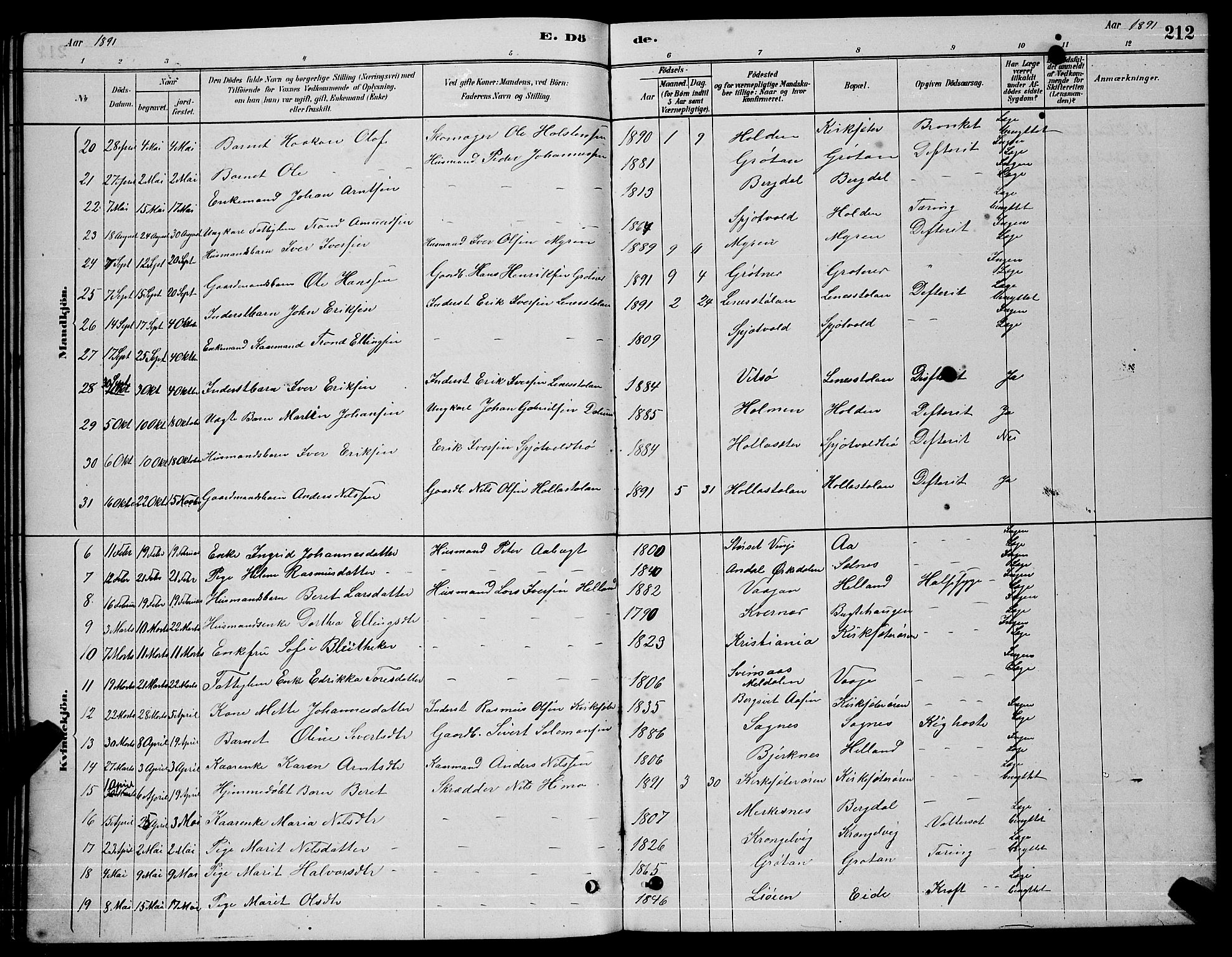 Ministerialprotokoller, klokkerbøker og fødselsregistre - Sør-Trøndelag, SAT/A-1456/630/L0504: Parish register (copy) no. 630C02, 1879-1898, p. 212