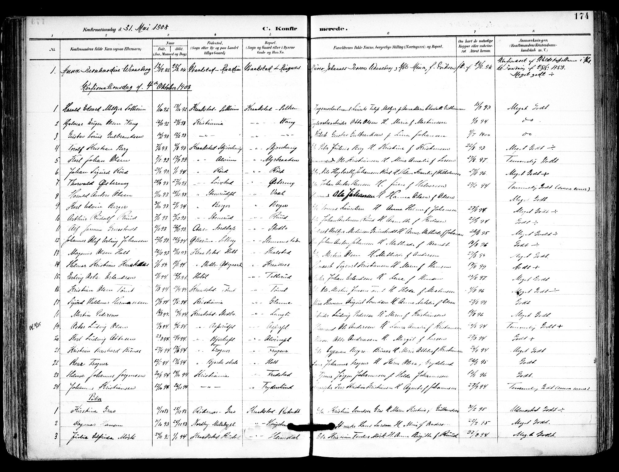 Kråkstad prestekontor Kirkebøker, SAO/A-10125a/F/Fa/L0010: Parish register (official) no. I 10, 1893-1931, p. 174