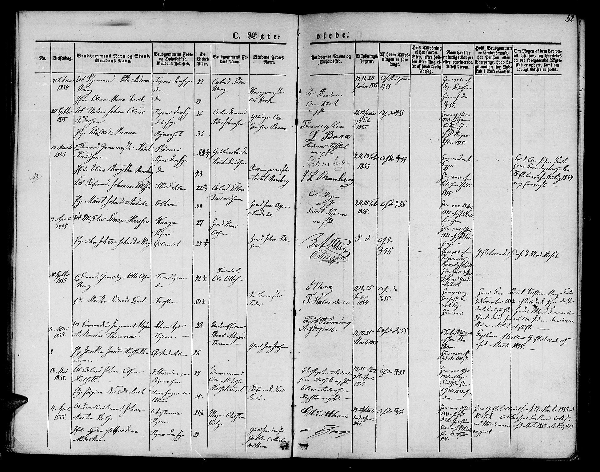 Ministerialprotokoller, klokkerbøker og fødselsregistre - Sør-Trøndelag, SAT/A-1456/602/L0111: Parish register (official) no. 602A09, 1844-1867, p. 52