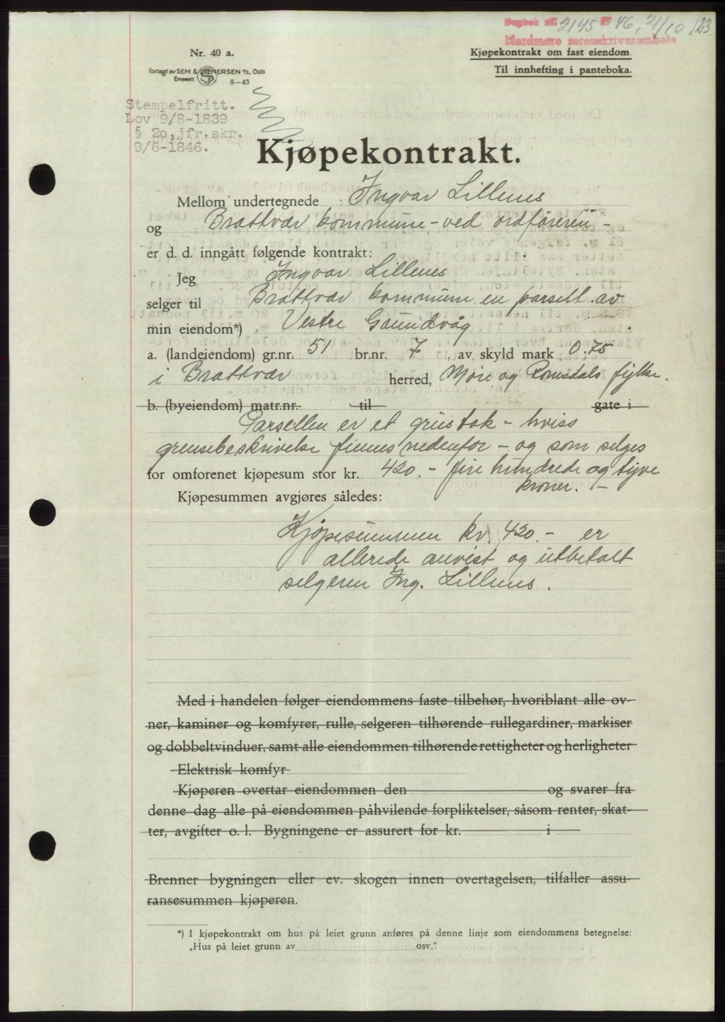 Nordmøre sorenskriveri, AV/SAT-A-4132/1/2/2Ca: Mortgage book no. B95, 1946-1947, Diary no: : 2145/1946