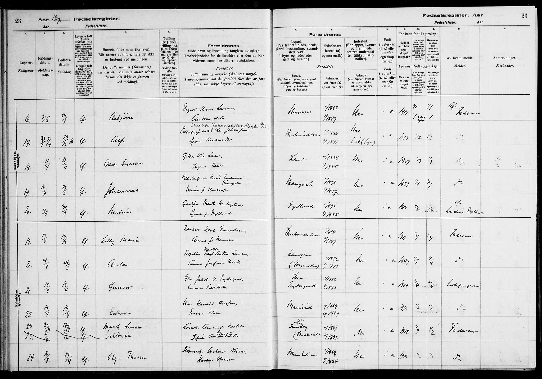 Nes prestekontor Kirkebøker, AV/SAO-A-10410/J/Ja/L0001: Birth register no. 1, 1916-1926, p. 23