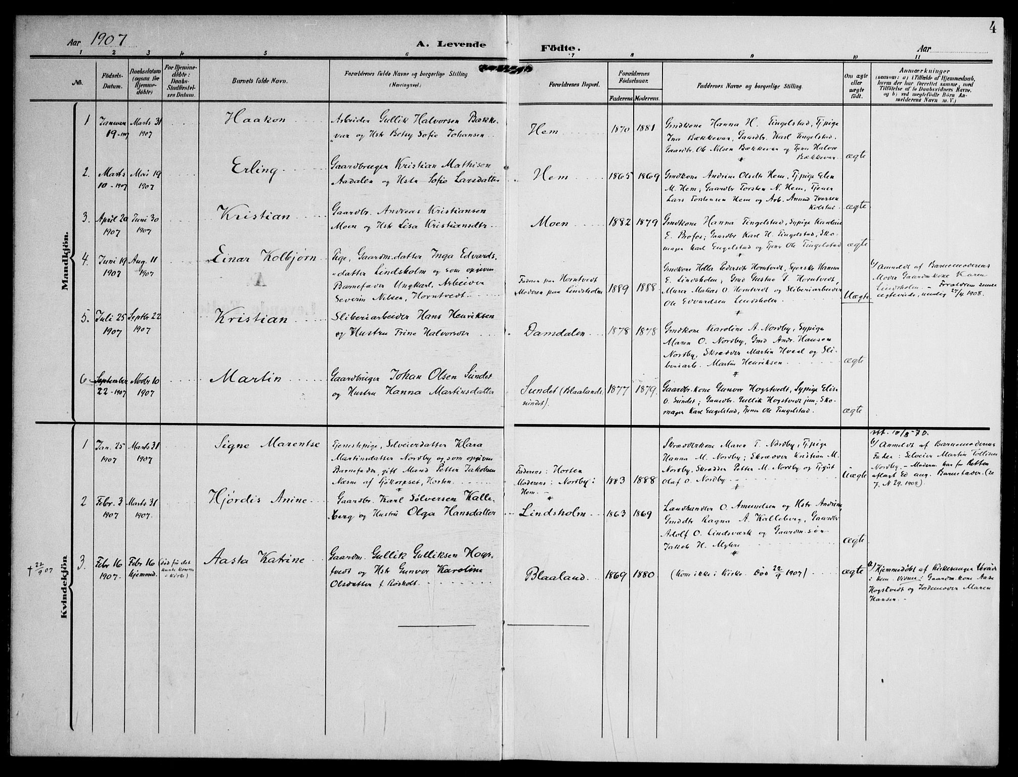 Lardal kirkebøker, AV/SAKO-A-350/F/Fc/L0002: Parish register (official) no. III 2, 1907-1921, p. 4