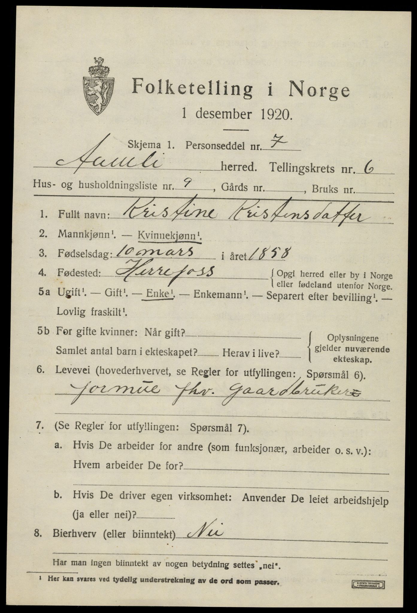 SAK, 1920 census for Åmli, 1920, p. 2723