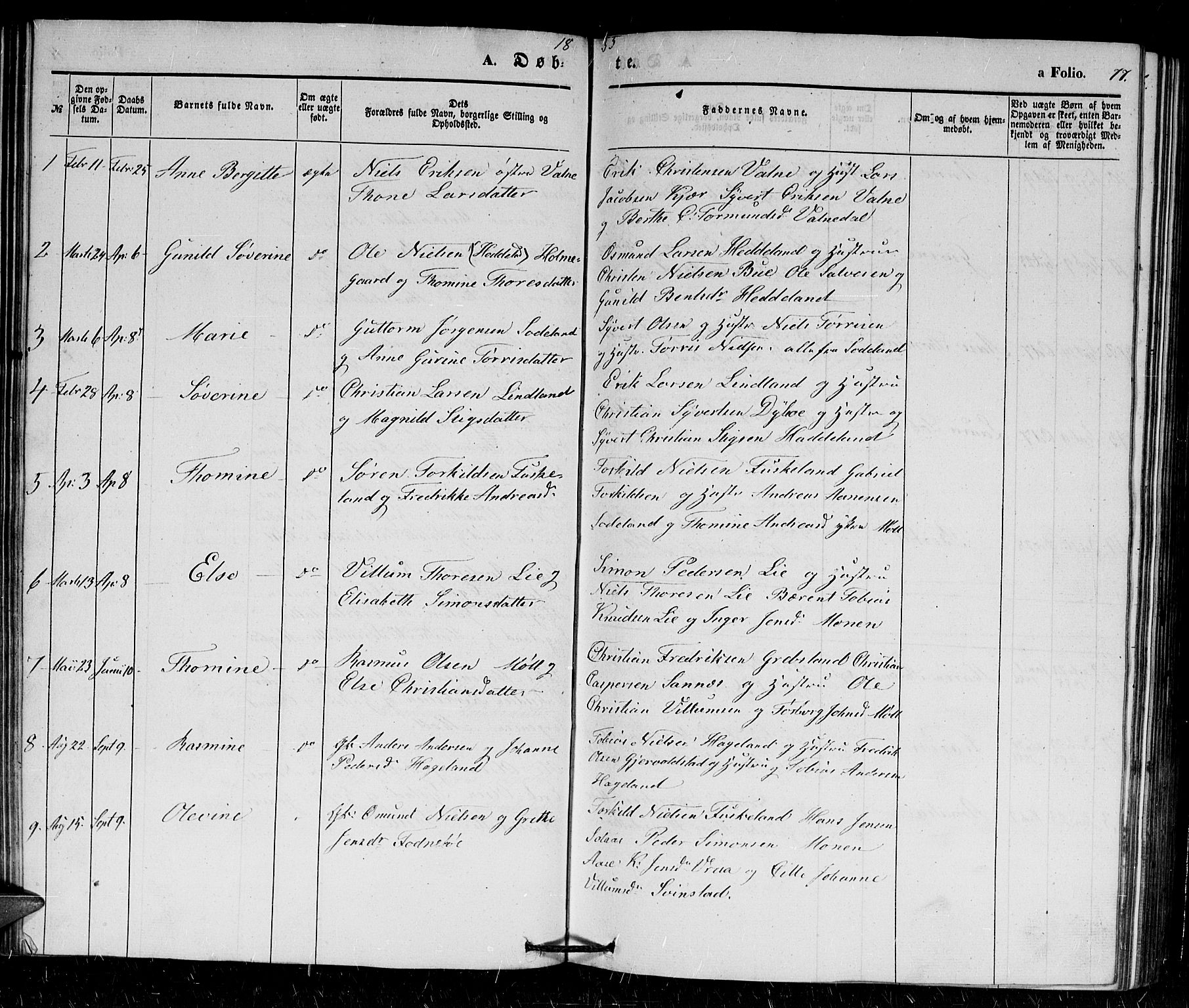 Holum sokneprestkontor, SAK/1111-0022/F/Fb/Fba/L0003: Parish register (copy) no. B 3, 1850-1866, p. 77