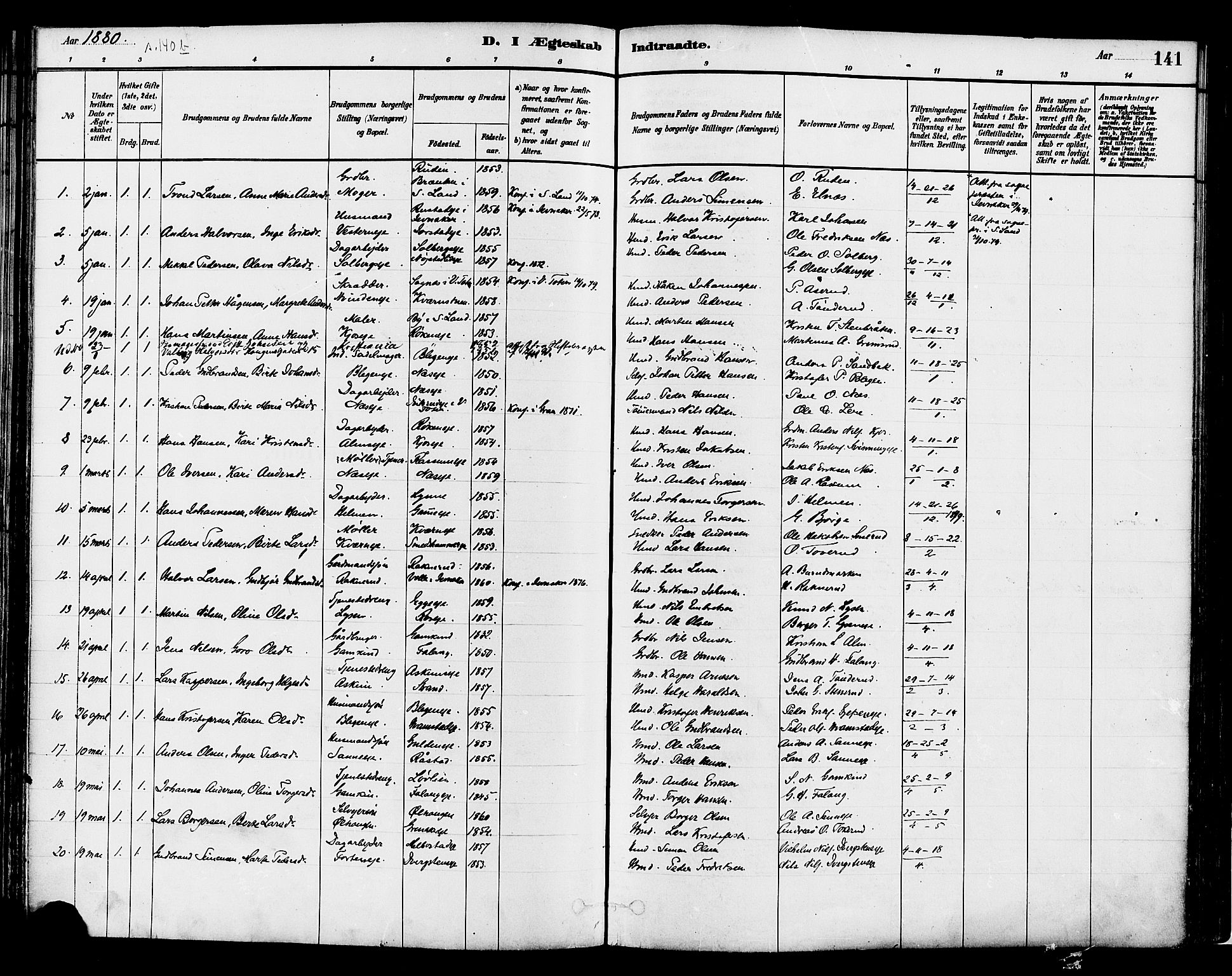 Gran prestekontor, AV/SAH-PREST-112/H/Ha/Haa/L0014: Parish register (official) no. 14, 1880-1889, p. 141