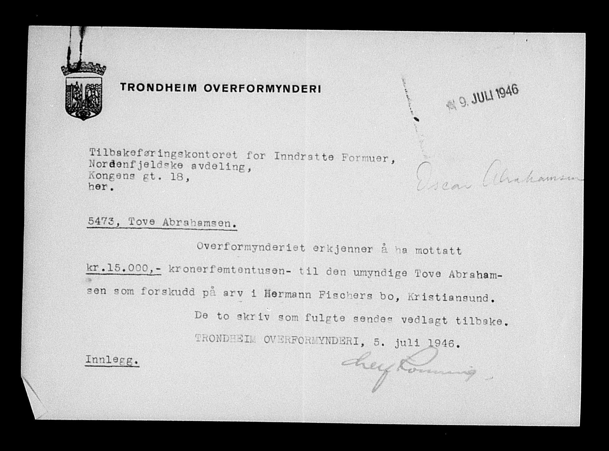 Justisdepartementet, Tilbakeføringskontoret for inndratte formuer, AV/RA-S-1564/H/Hc/Hcb/L0913: --, 1945-1947, p. 246