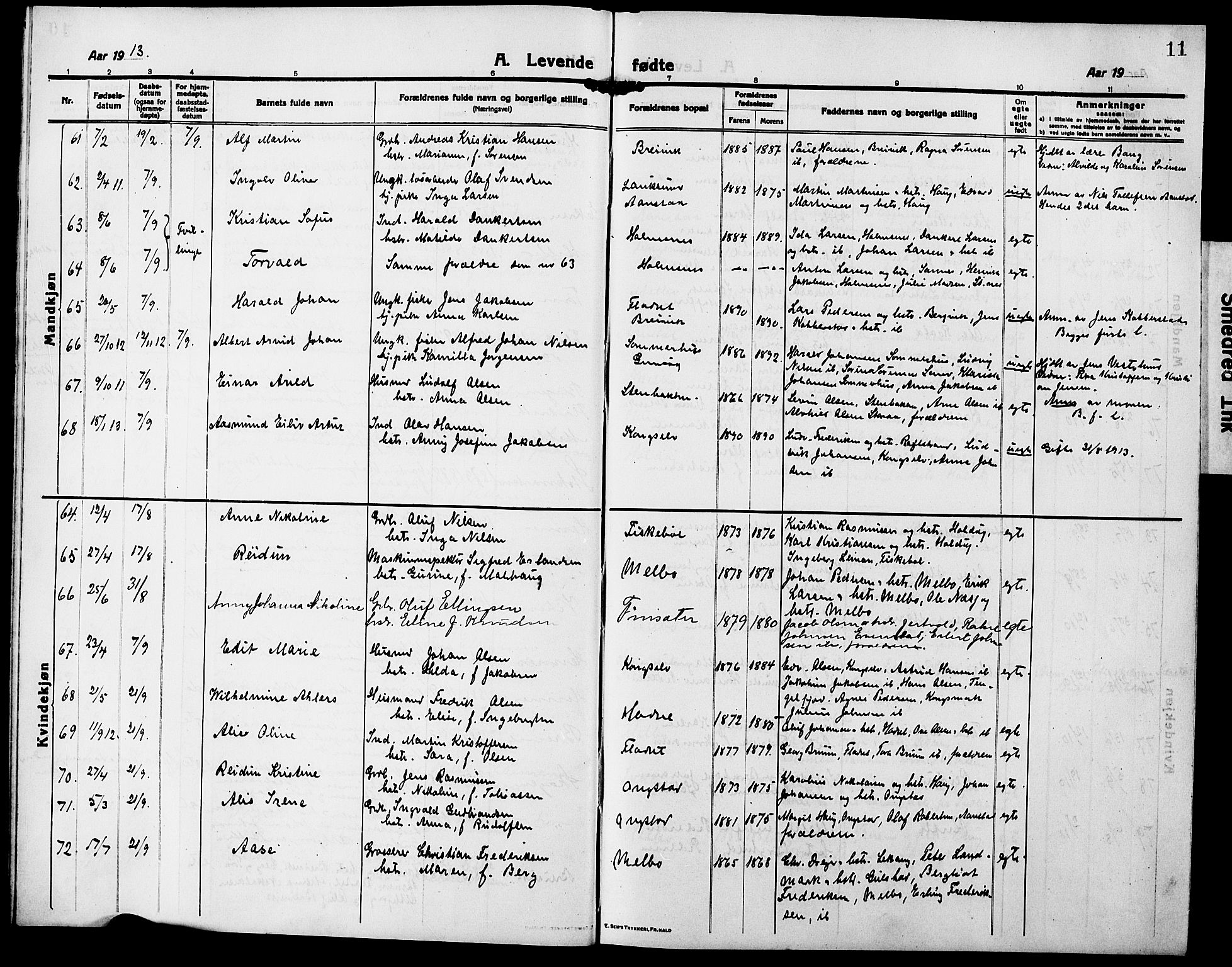 Ministerialprotokoller, klokkerbøker og fødselsregistre - Nordland, AV/SAT-A-1459/888/L1269: Parish register (copy) no. 888C07, 1913-1927, p. 11