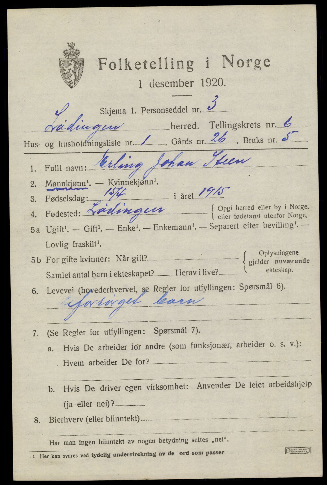 SAT, 1920 census for Lødingen, 1920, p. 3455