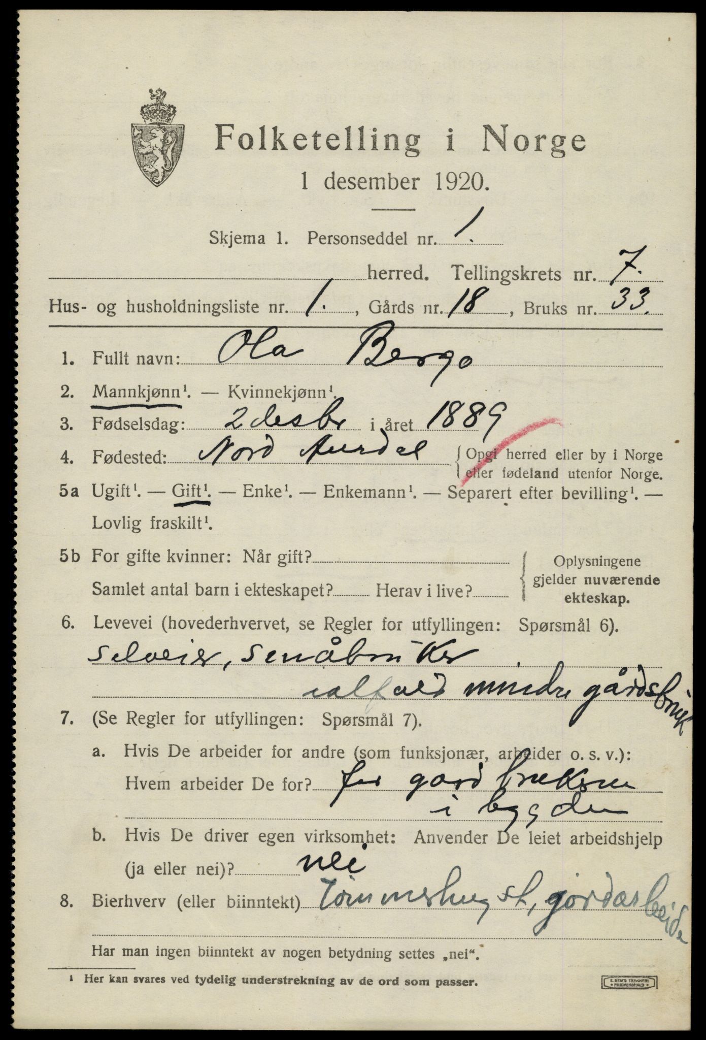 SAH, 1920 census for Nord-Aurdal, 1920, p. 3200