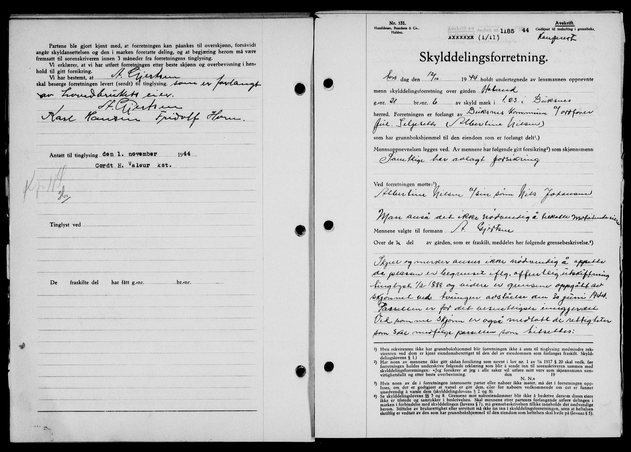Lofoten sorenskriveri, SAT/A-0017/1/2/2C/L0012a: Mortgage book no. 12a, 1943-1944, Diary no: : 1185/1944