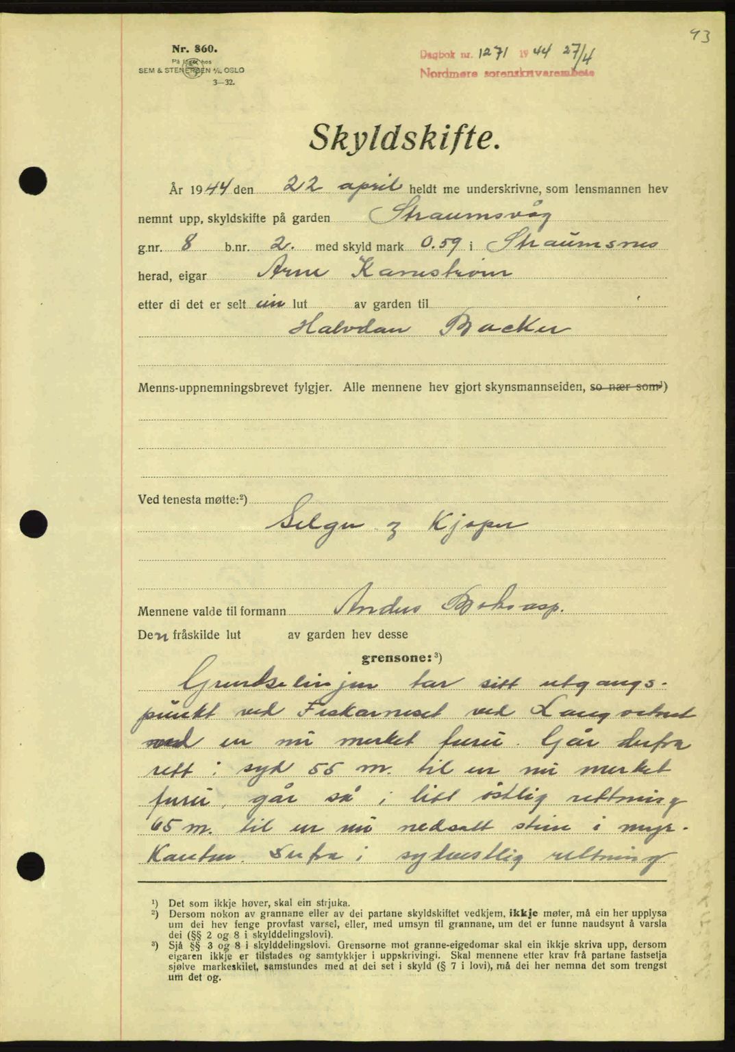 Nordmøre sorenskriveri, AV/SAT-A-4132/1/2/2Ca: Mortgage book no. A98, 1944-1944, Diary no: : 1271/1944