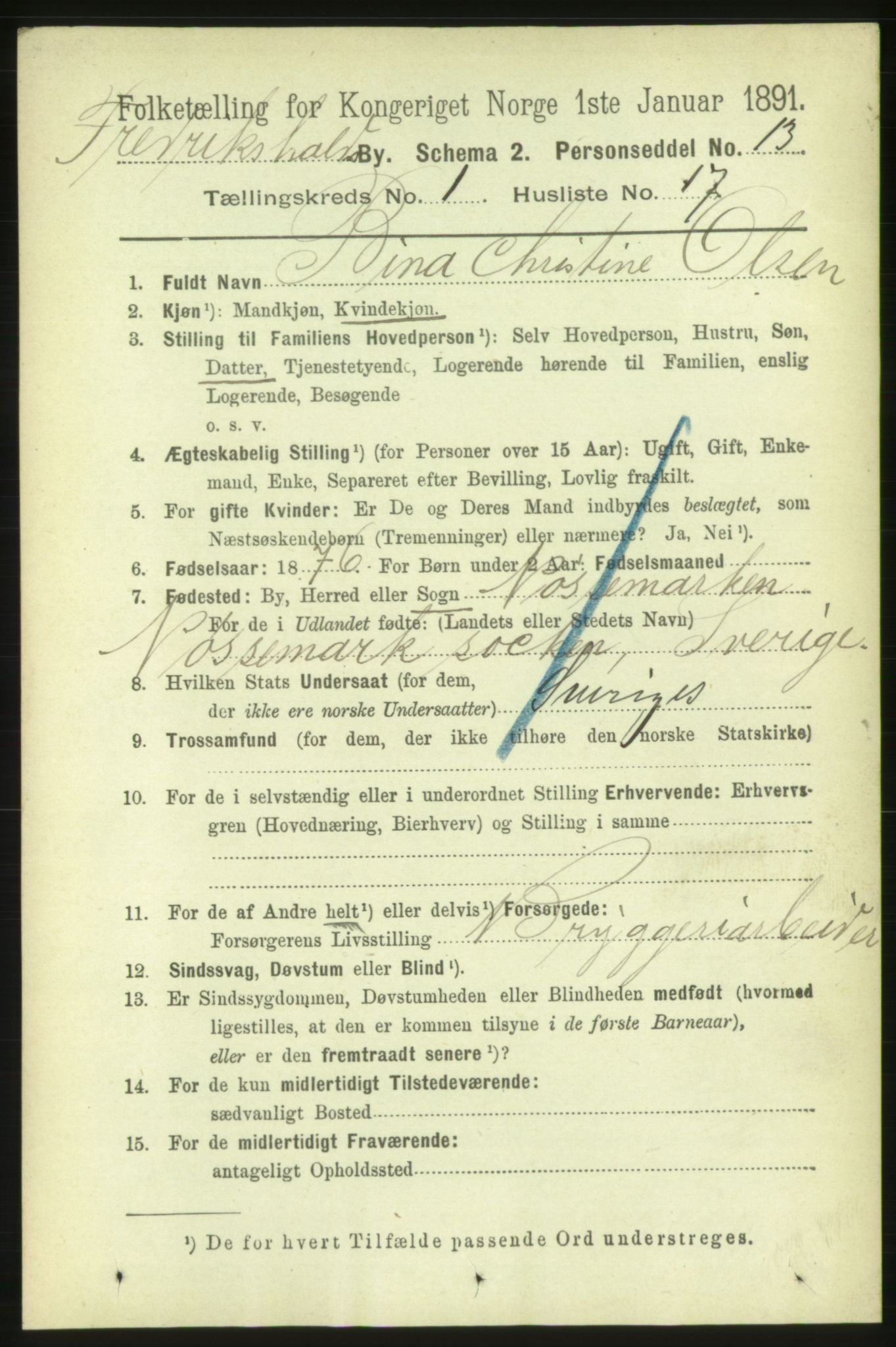 RA, 1891 census for 0101 Fredrikshald, 1891, p. 2076