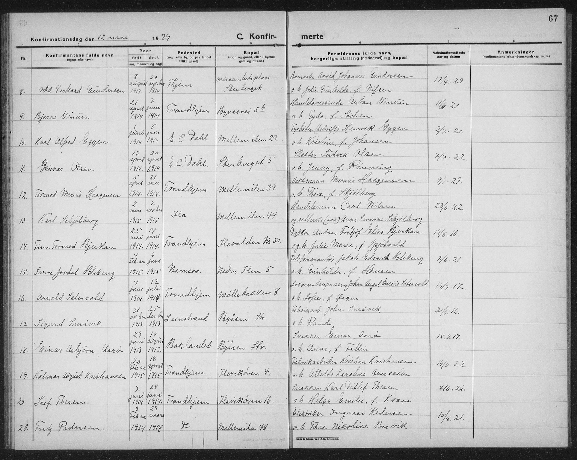 Ministerialprotokoller, klokkerbøker og fødselsregistre - Sør-Trøndelag, SAT/A-1456/603/L0175: Parish register (copy) no. 603C03, 1923-1941, p. 67