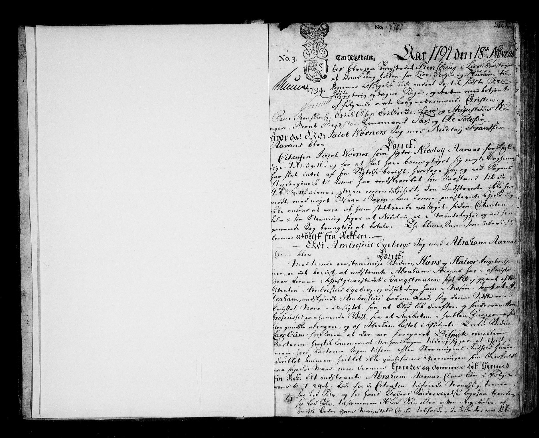 Lier, Røyken og Hurum sorenskriveri, SAKO/A-89/F/Fa/L0060: Tingbok, 1794-1800, p. 1