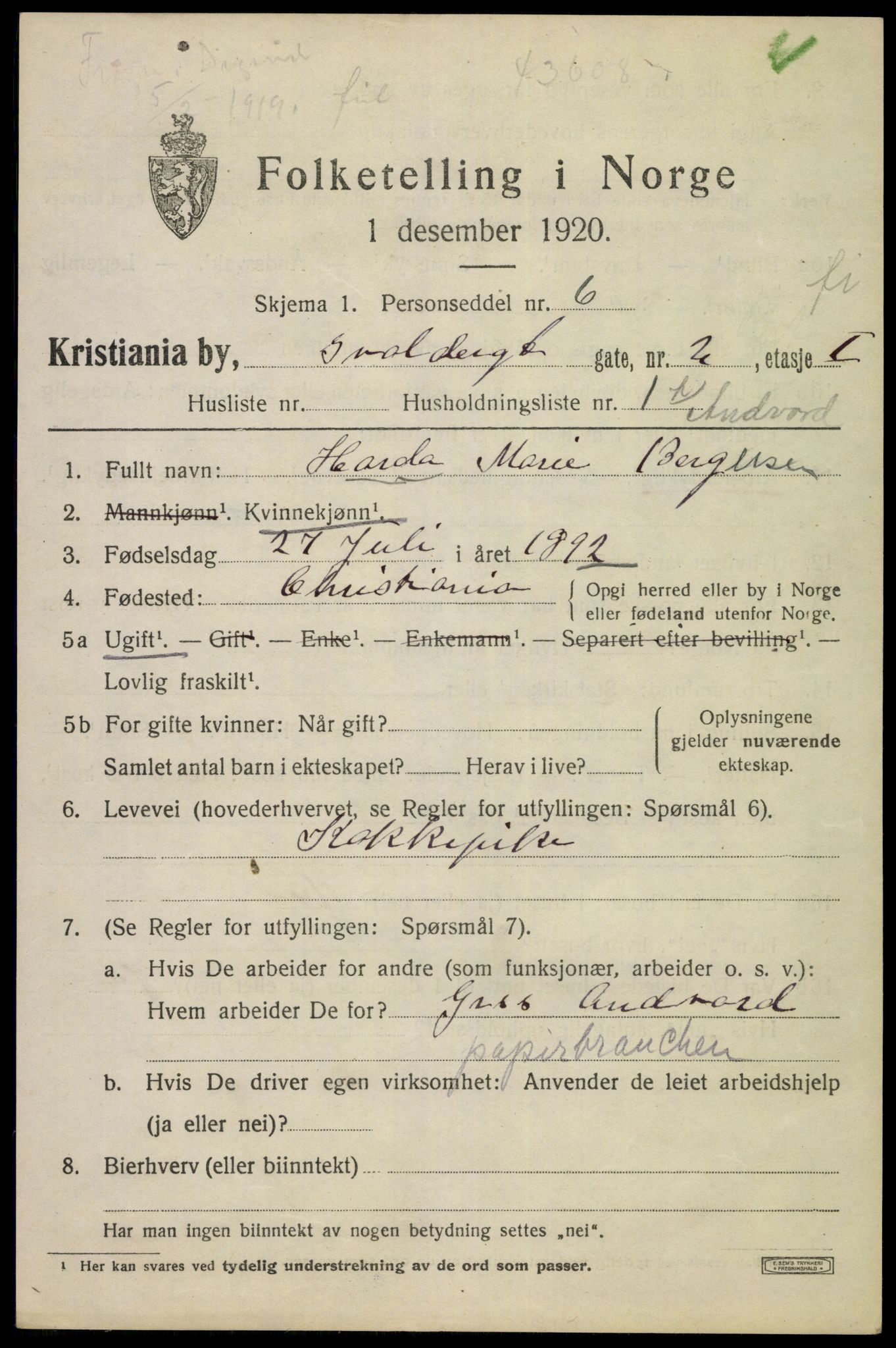 SAO, 1920 census for Kristiania, 1920, p. 560531