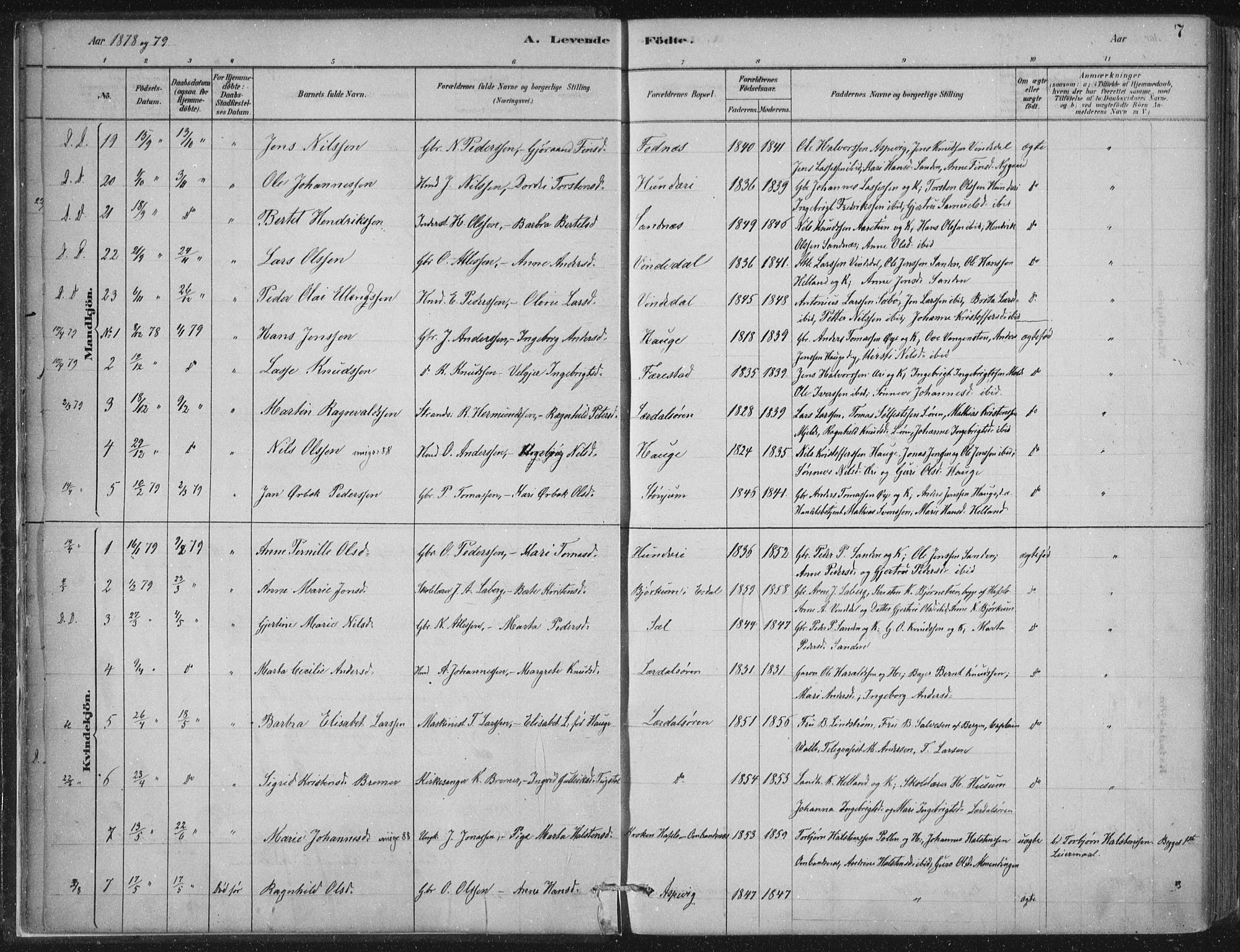 Lærdal sokneprestembete, AV/SAB-A-81201: Parish register (official) no. D  1, 1878-1908, p. 7