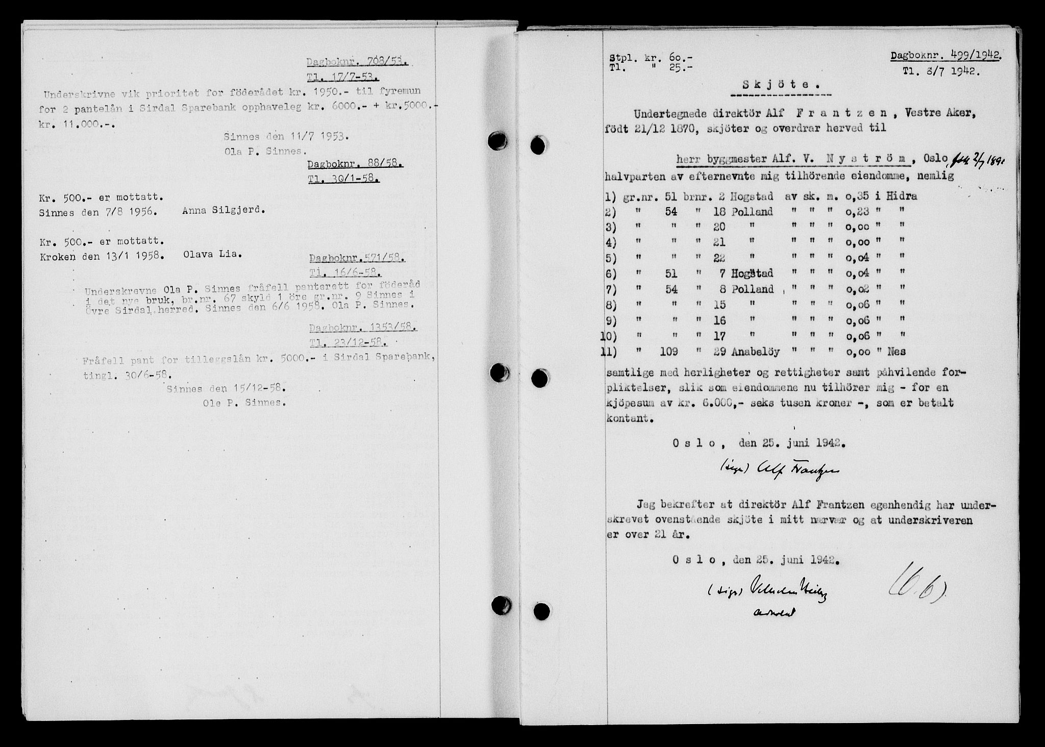 Flekkefjord sorenskriveri, SAK/1221-0001/G/Gb/Gba/L0057: Mortgage book no. A-5, 1941-1942, Diary no: : 499/1942