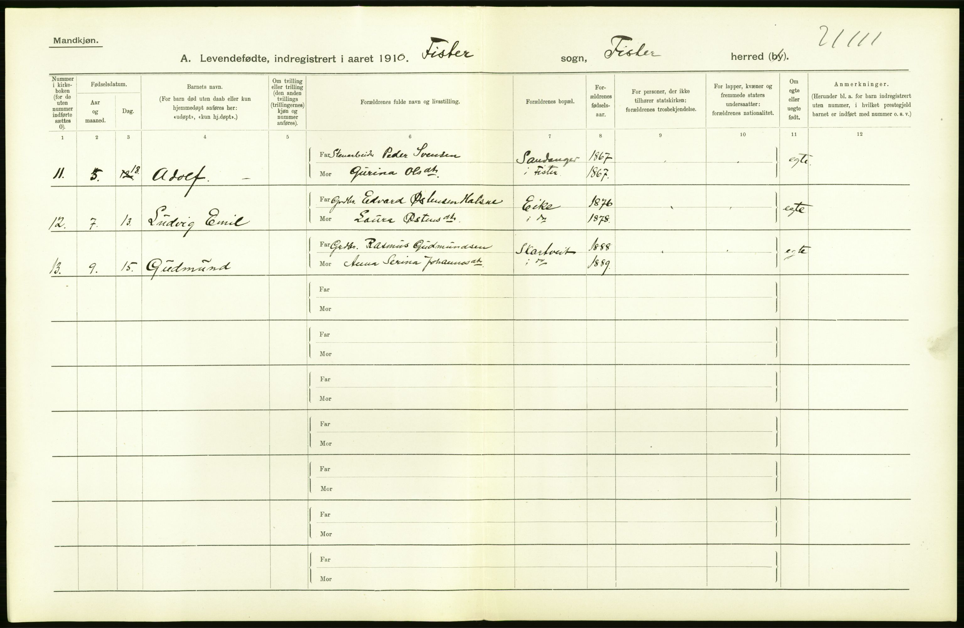 Statistisk sentralbyrå, Sosiodemografiske emner, Befolkning, AV/RA-S-2228/D/Df/Dfa/Dfah/L0022: Stavanger amt: Levendefødte menn og kvinner. Bygder., 1910, p. 24